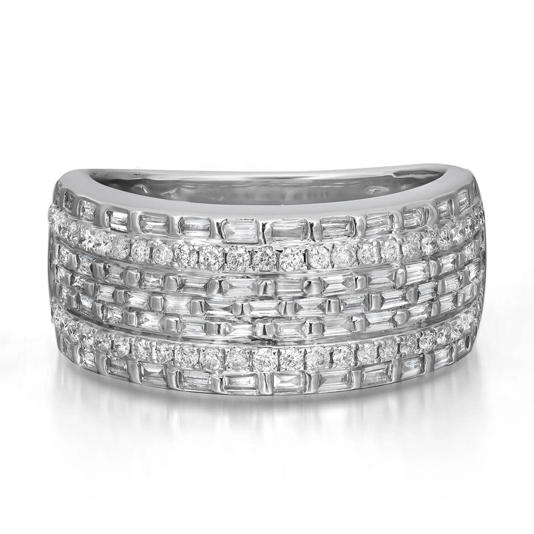 Rachel Koen 14K White Gold Diamond Wide Band Ring 1.28Ctw SZ 10.5: Rachel Koen 14K White Gold Diamond Wide Band Ring 1.28Ctw SZ 10.5 This striking men's wide band ring is a true statement piece, featuring a captivating combination of channel set baguette diamonds and