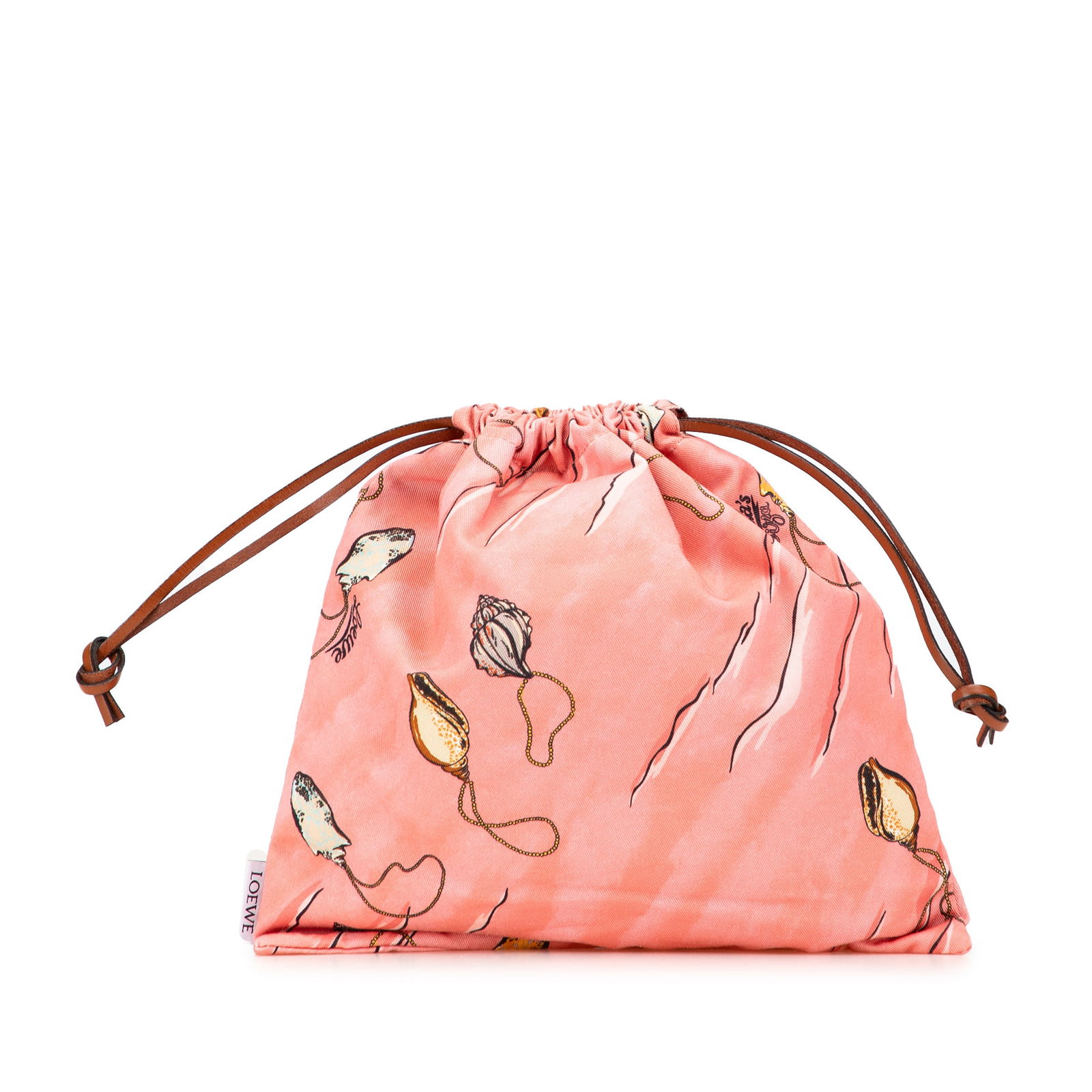 LOEWE Paulas Ibiza Pink Canvas Drawstring Pouch with Seashell Print: LOEWE Paulas Ibiza Pink Canvas Drawstring Pouch with Seashell Print The LOEWE Paulas Ibiza Canvas Seashell Print Drawstring Pouch is a stylish accessory featuring a vibrant seashell print on a durable