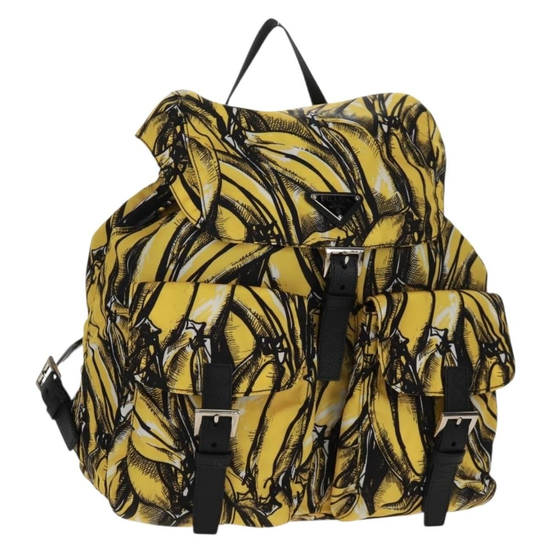 Yellow and Silver Nylon Prada Backpack with Dust Bag and Card: Yellow and Silver Nylon Prada Backpack with Dust Bag and Card This PRADA backpack features a vibrant yellow and silver nylon exterior, offering a stylish and modern look. Crafted in Romania, it comes