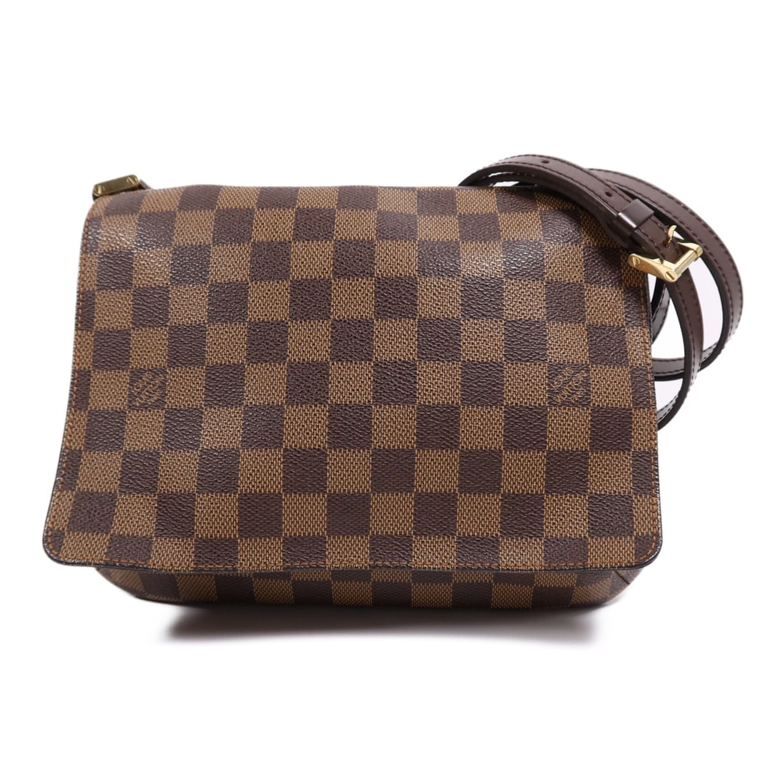 LOUIS VUITTON Musette Tango Shoulder Bag N51301 Damier Brown GHW: LOUIS VUITTON Musette Tango Shoulder Bag N51301 Damier Brown GHW This Louis Vuitton Musette Tango Shoulder Bag showcases a timeless design in a rich brown Damier pattern. Crafted from durable PVC coat