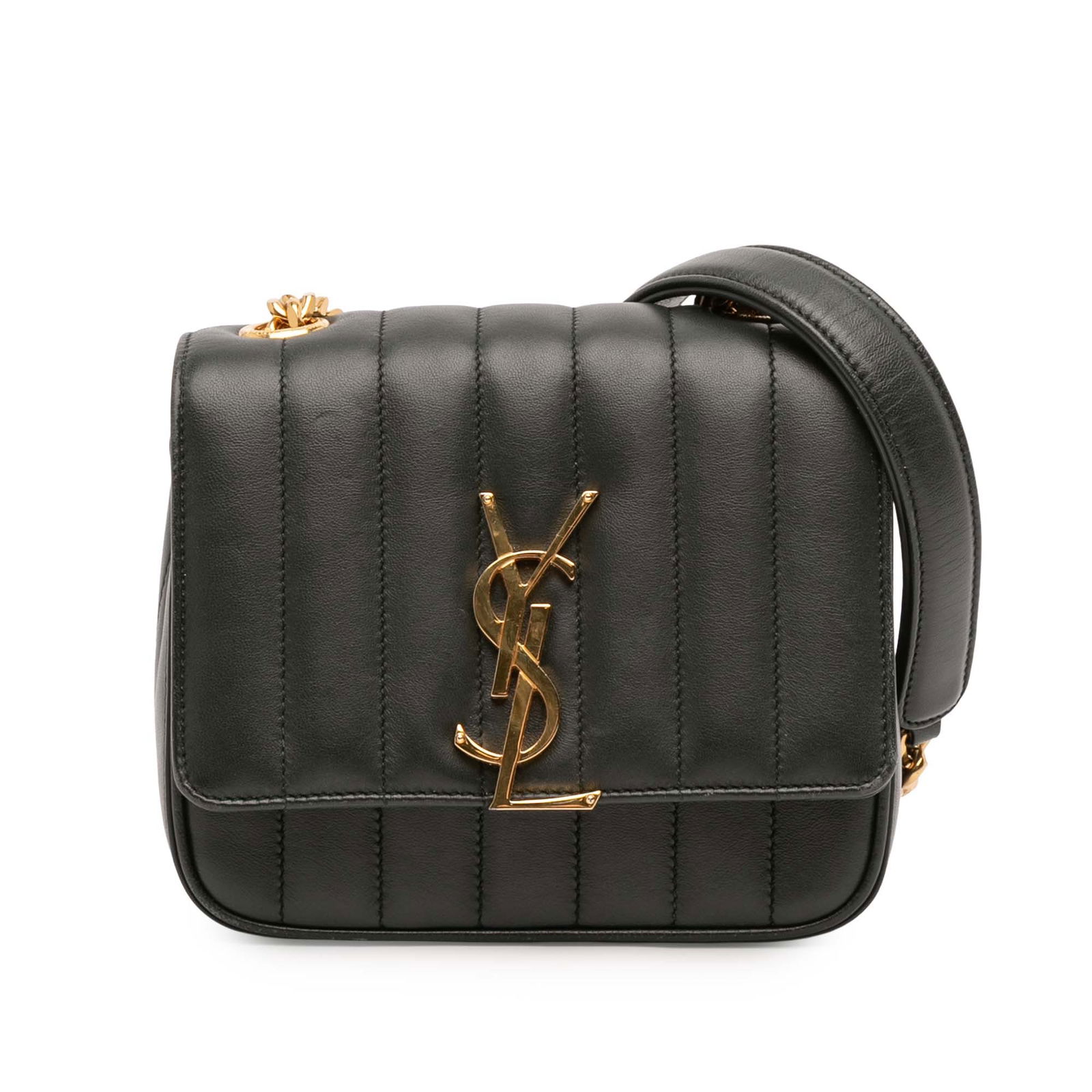 Saint Laurent Black Lambskin Vicky Chain Crossbody Bag: Saint Laurent Black Lambskin Vicky Chain Crossbody Bag Introducing the Saint Laurent Small Lambskin Monogram Vicky Chain Bag, a sophisticated crossbody bag crafted from quilted lambskin leather in a c