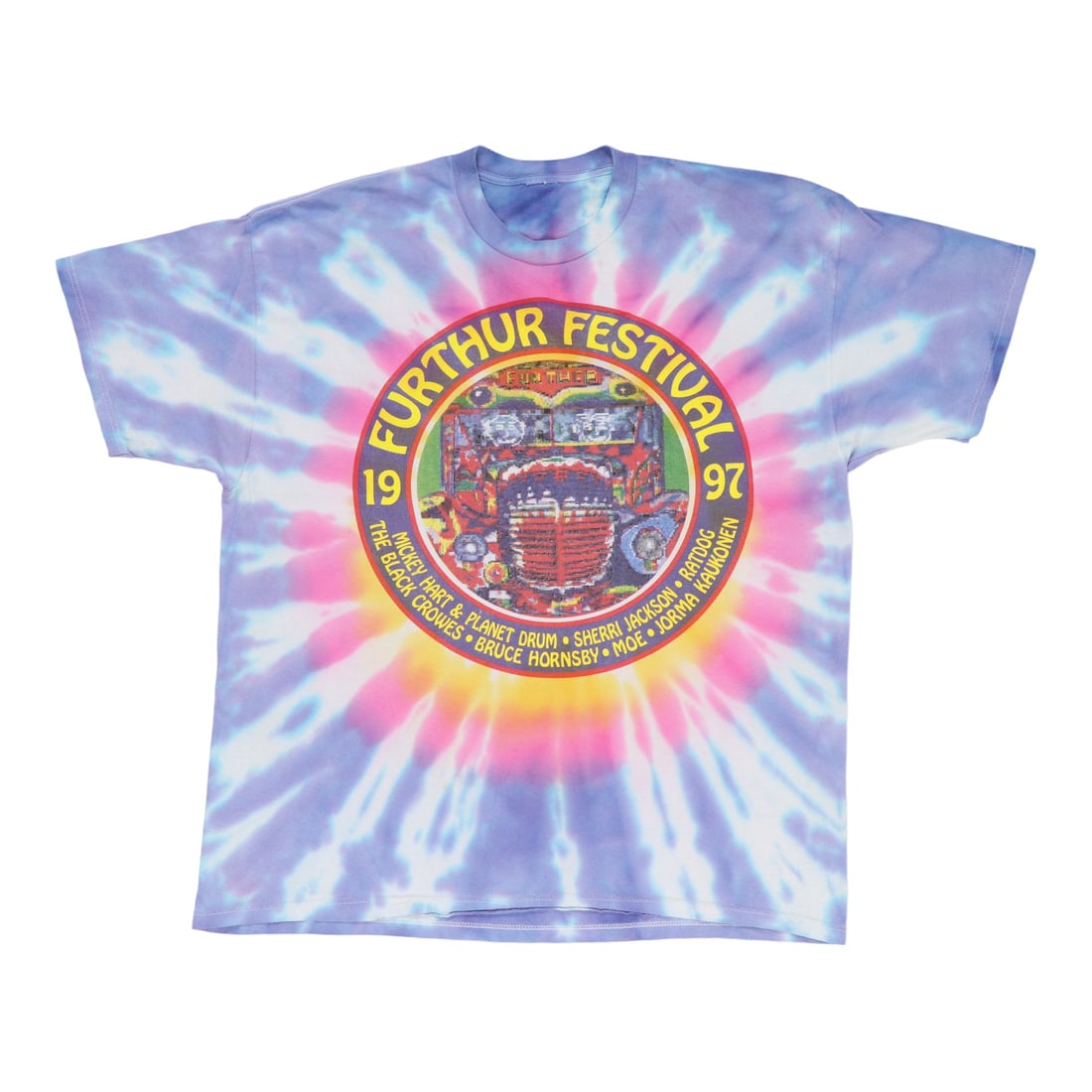 Vintage 1997 Further Festival Tie Dye Shirt with Graphics: Vintage 1997 Further Festival Tie Dye Shirt with Graphics Discover this authentic vintage 1997 Further Festival Tour Tie Dye Shirt, a unique piece that reflects the vibrant spirit of the 90s music sce