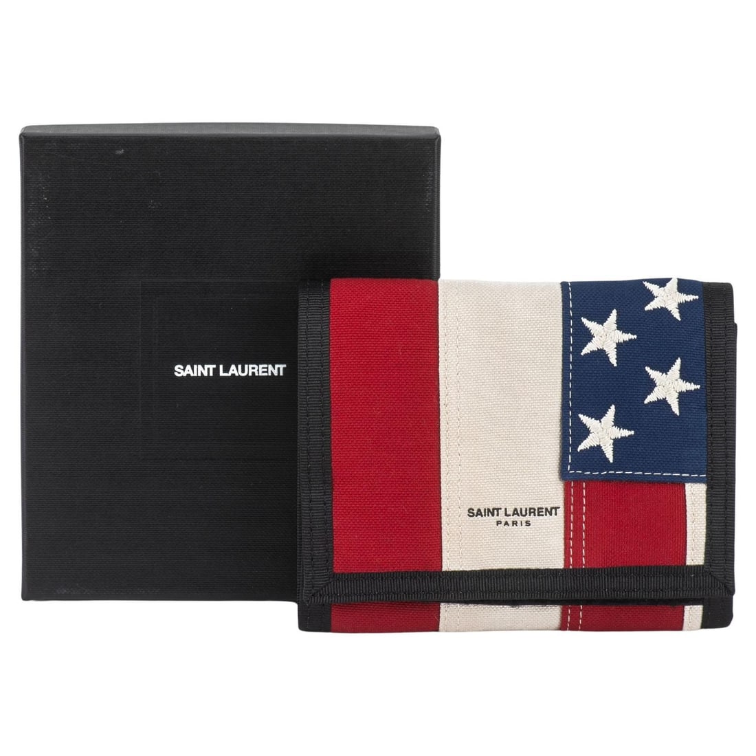 Yves Saint Laurent New Flag Velcro Wallet with Box Italy: Yves Saint Laurent New Flag Velcro Wallet with Box Italy Introducing the Yves Saint Laurent New Flag Velcro Fabric Wallet, a stylish and practical accessory. This unisex wallet features a timeless des