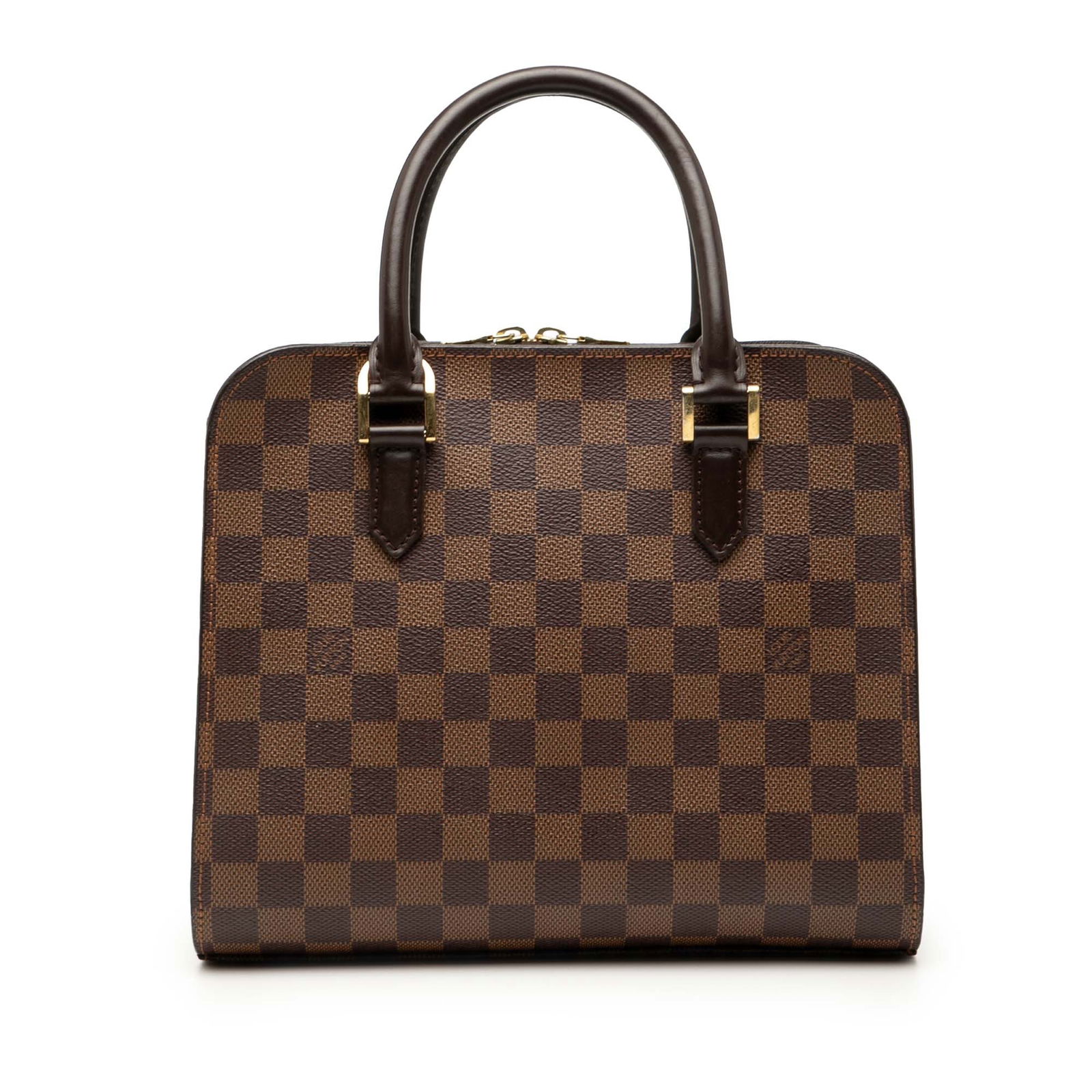 Louis Vuitton Triana Handbag in Damier Ebene Canvas with Leather Trim: Louis Vuitton Triana Handbag in Damier Ebene Canvas with Leather Trim This Louis Vuitton Damier Ebene Triana features a signature damier ebene canvas body with leather trim, rolled leather handles, a