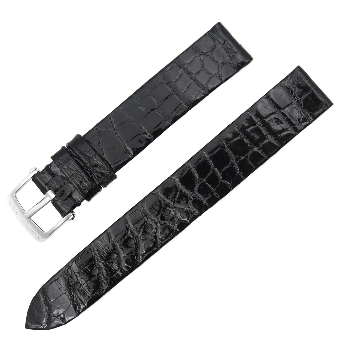 Van Cleef & Arpels 14mm Black Leather Watch Band 18K White Gold Buckle: Van Cleef & Arpels 14mm Black Leather Watch Band 18K White Gold Buckle Enhance your timepiece with this authentic Van Cleef & Arpels wristwatch band, designed specifically for women. Crafted from prem
