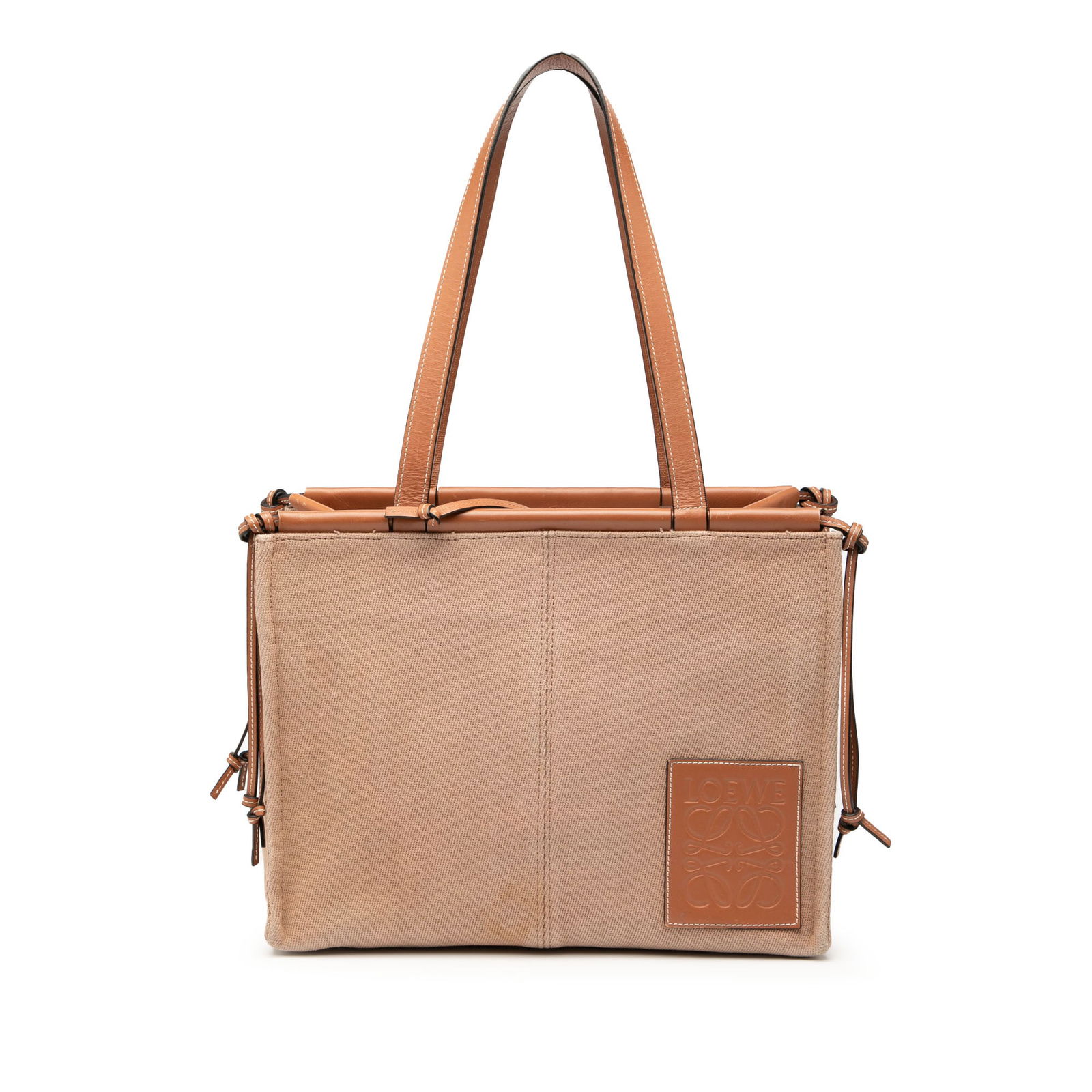 Loewe Small Cushion Tote Brown Canvas and Leather Handbag: Loewe Small Cushion Tote Brown Canvas and Leather Handbag This LOEWE Small Canvas Cushion Tote features a canvas body with a leather top panel and flat leather straps. It has an open top with a leathe