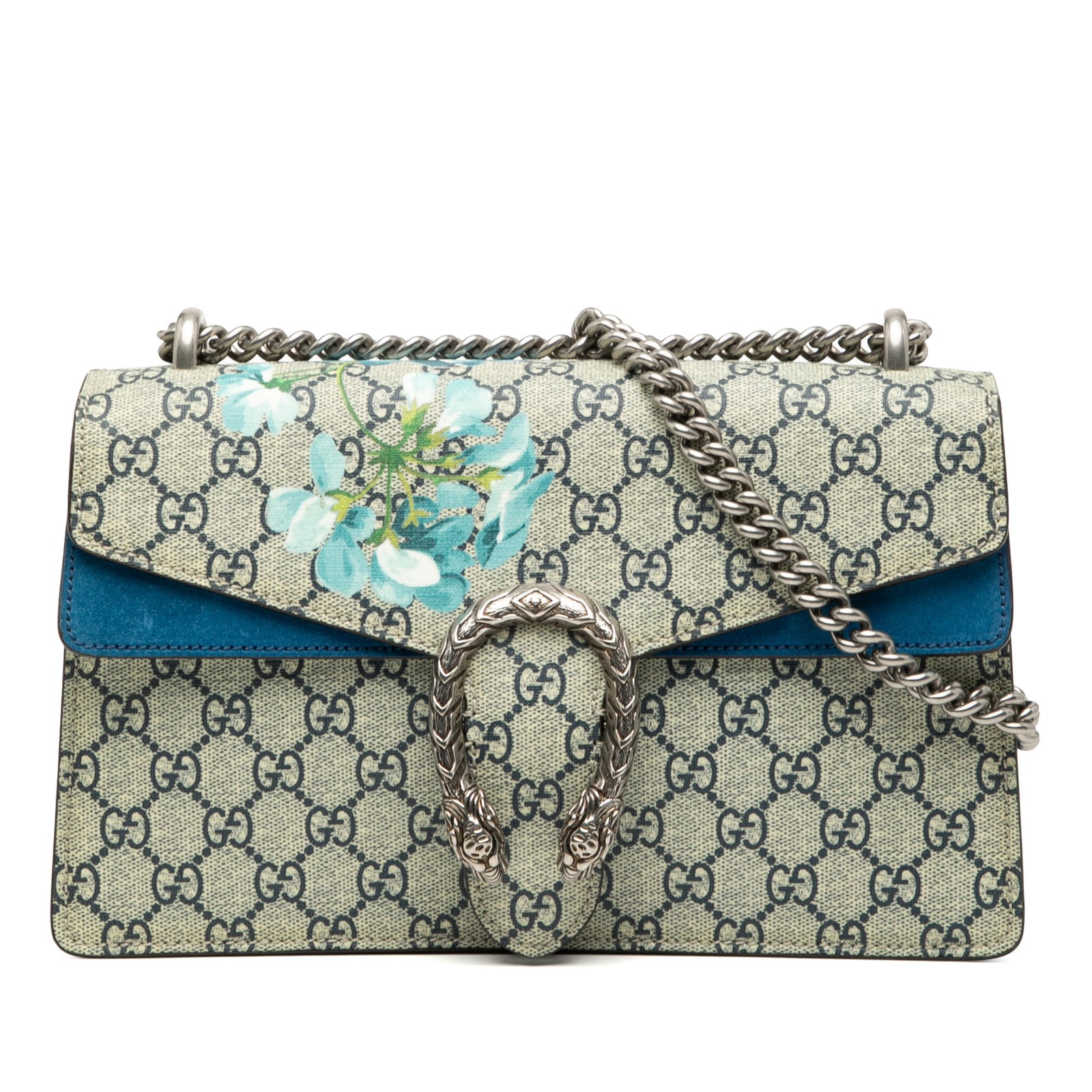 Gucci Dionysus Small GG Supreme Blooms Canvas Shoulder Bag: Gucci Dionysus Small GG Supreme Blooms Canvas Shoulder Bag The Gucci Small GG Supreme Blooms Dionysus Shoulder Bag features a coated canvas body with suede leather trim, a chain link shoulder strap, a