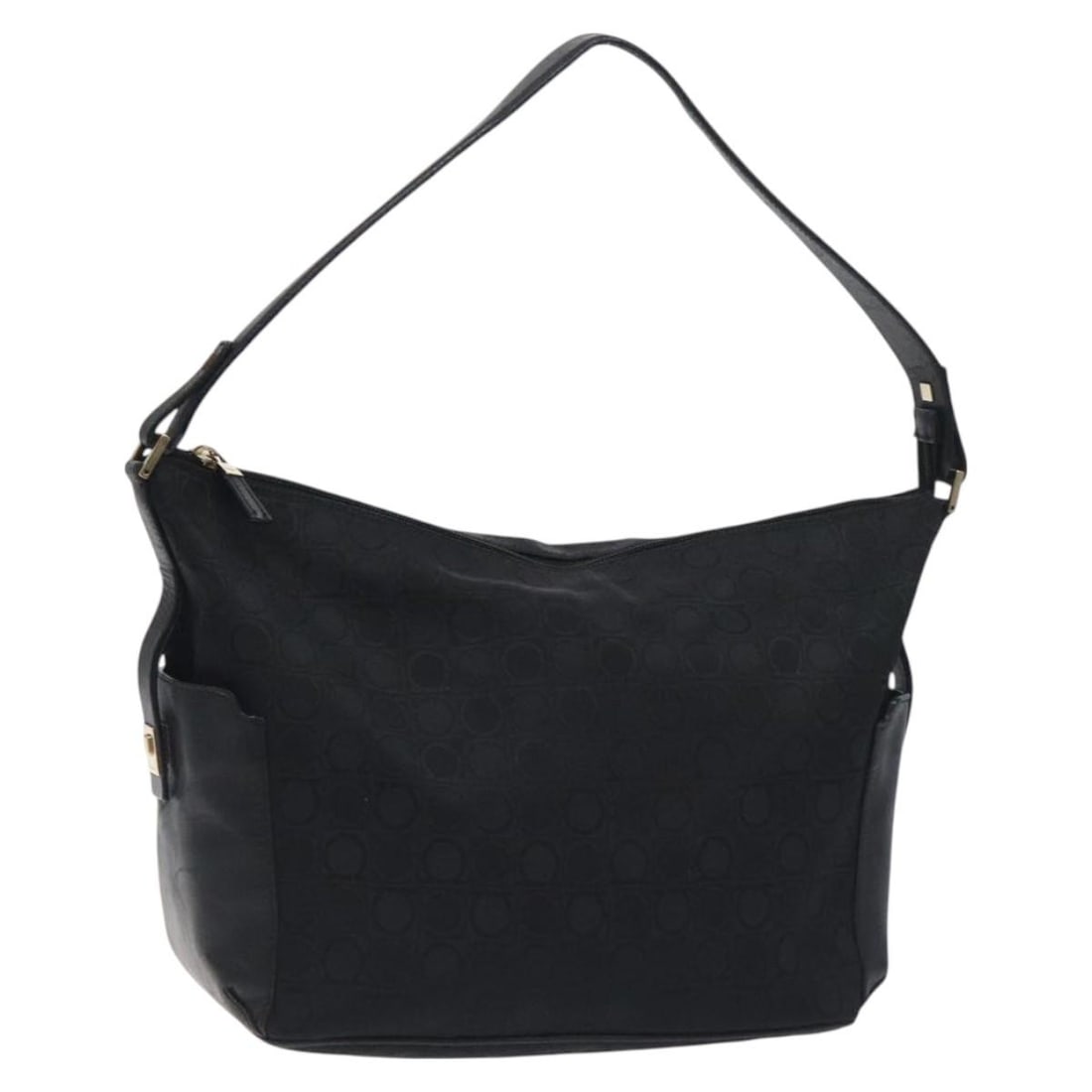 Salvatore Ferragamo Black Gold Canvas Shoulder Bag AB-21 2779: Salvatore Ferragamo Black Gold Canvas Shoulder Bag AB-21 2779 This stylish Salvatore Ferragamo shoulder bag is crafted from durable canvas, featuring a sophisticated black and gold color scheme. Measu