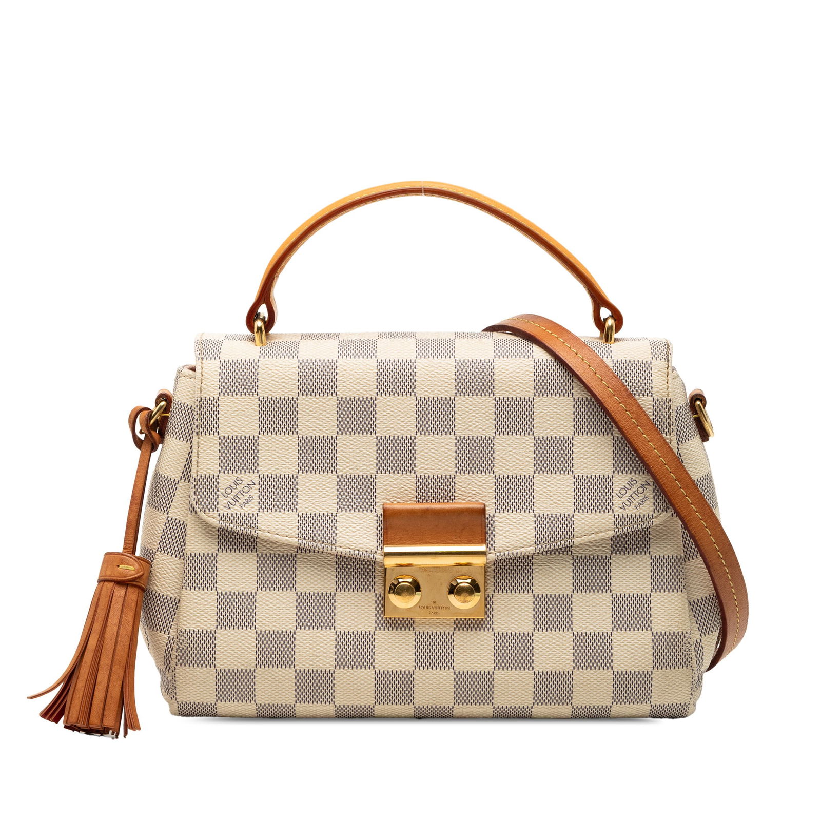 Louis Vuitton Croisette Bag in Damier Azur Canvas with Leather Trim: Louis Vuitton Croisette Bag in Damier Azur Canvas with Leather Trim This Louis Vuitton Damier Azur Croisette bag features a damier azur canvas body with vachetta leather trim and a leather tassel deta