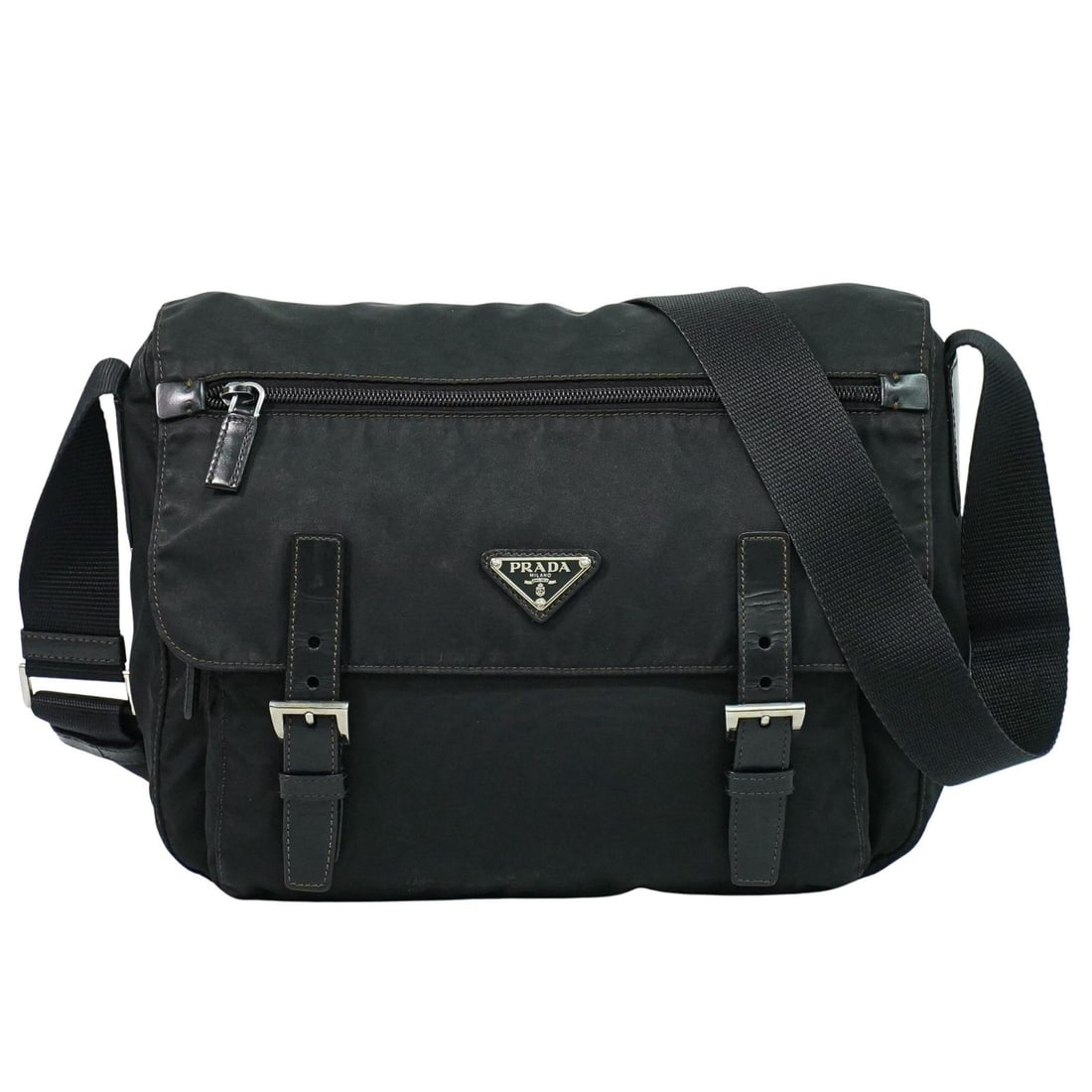 Prada Black Messenger Shoulder Bag with Buckle and Zip Closure (1 of 1)
