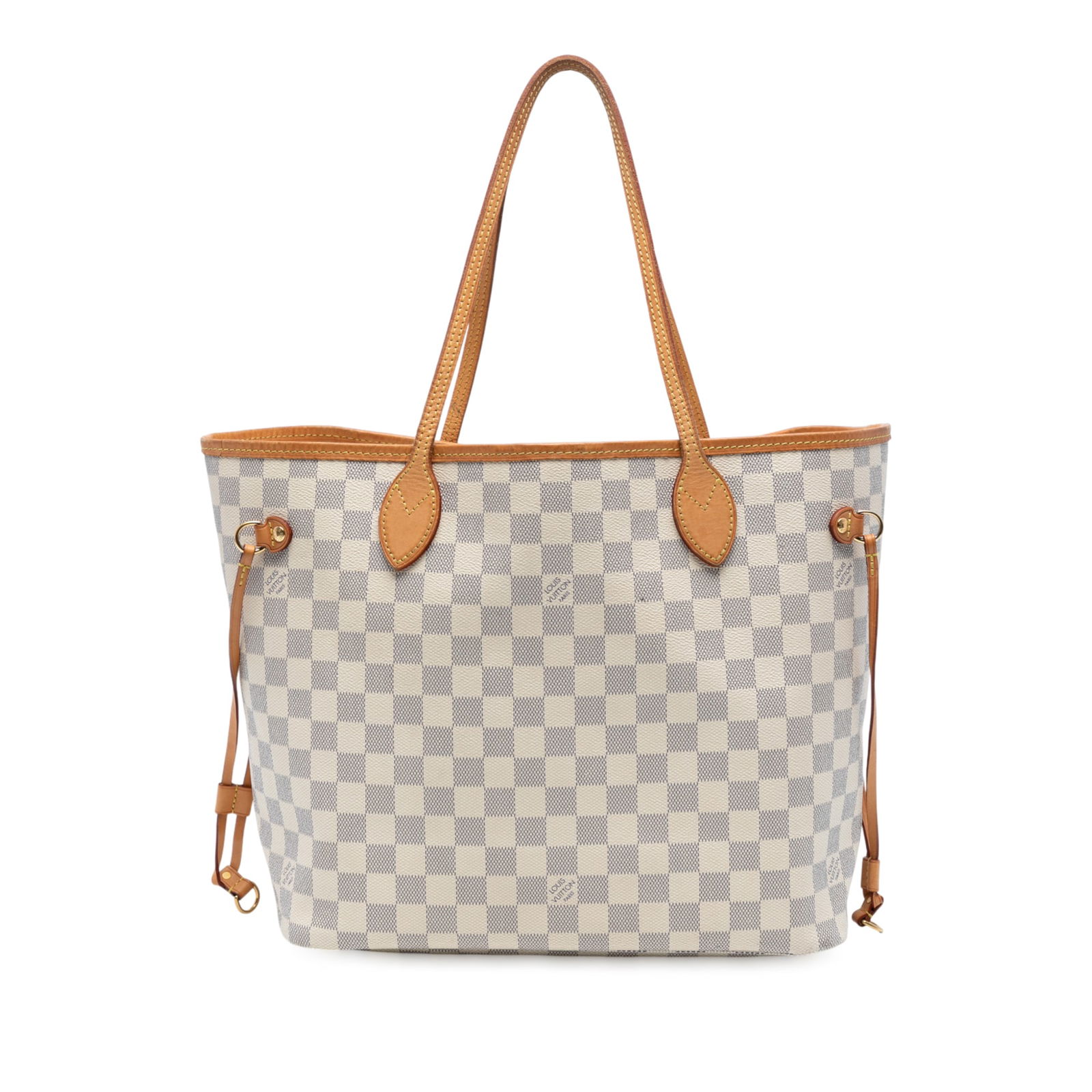 Louis Vuitton Damier Azur Neverfull MM Bag with Vachetta Trim: Louis Vuitton Damier Azur Neverfull MM Bag with Vachetta Trim The Louis Vuitton Damier Azur Neverfull MM is a stylish and functional tote bag made from durable damier canvas with vachetta leather trim