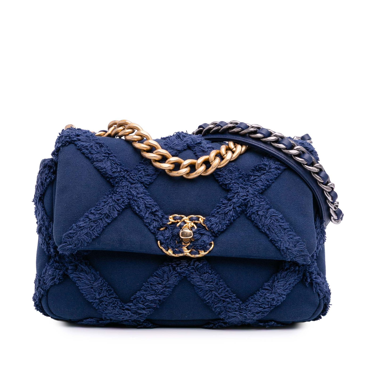 Chanel Medium 19 Flap Blue Canvas Cotton Bag with Gold Chain: Chanel Medium 19 Flap Blue Canvas Cotton Bag with Gold Chain The Chanel Medium Canvas and Cotton 19 Flap bag is a stylish accessory featuring a canvas and cotton body in a vibrant blue color. It is de