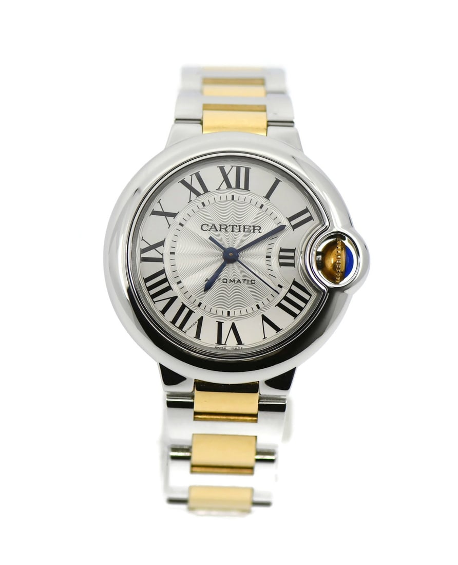 Ballon Bleu de Cartier W2BB0029 33mm 18K and Steel Automatic Watch with Box: Ballon Bleu de Cartier W2BB0029 33mm 18K and Steel Automatic Watch with Box This Cartier Ballon Bleu wristwatch features a 33 mm stainless steel case with an 18K accent, a silver dial, and an automati