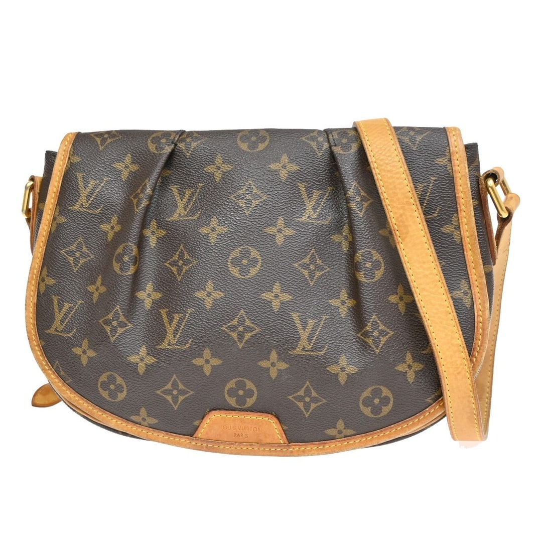 Menilmontant Shoulder Bag in Brown by Louis Vuitton: Menilmontant Shoulder Bag in Brown by Louis Vuitton This Louis Vuitton Menilmontant shoulder bag features a brown exterior and is designed for women. The pre-owned bag shows signs of use, including sc