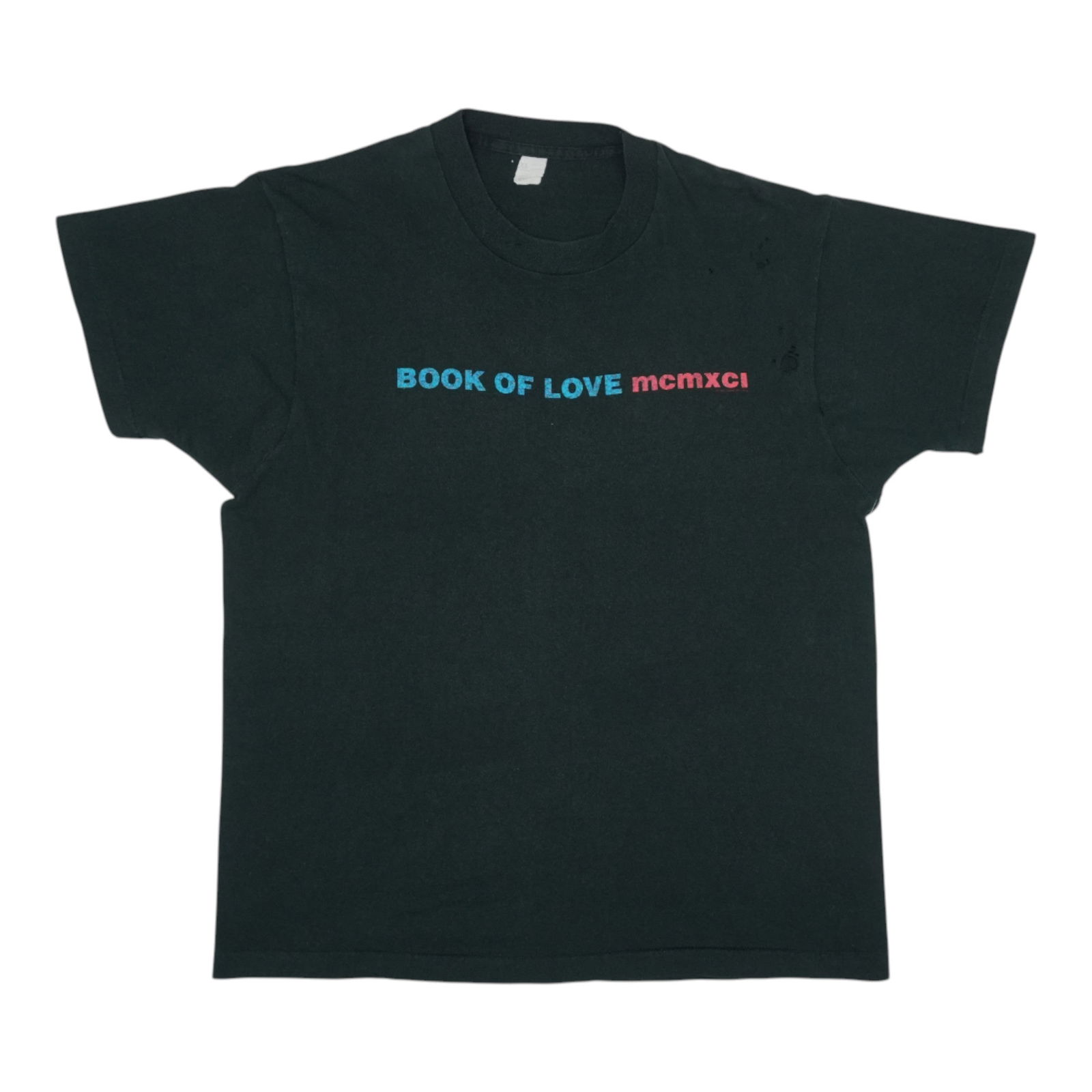 Vintage 1991 Book Of Love Black Cotton Shirt XL: Vintage 1991 Book Of Love Black Cotton Shirt XL Discover a true vintage gem with this 1991 Book Of Love Shirt. Made from 100% cotton, this black shirt features striking front and back graphics, embody
