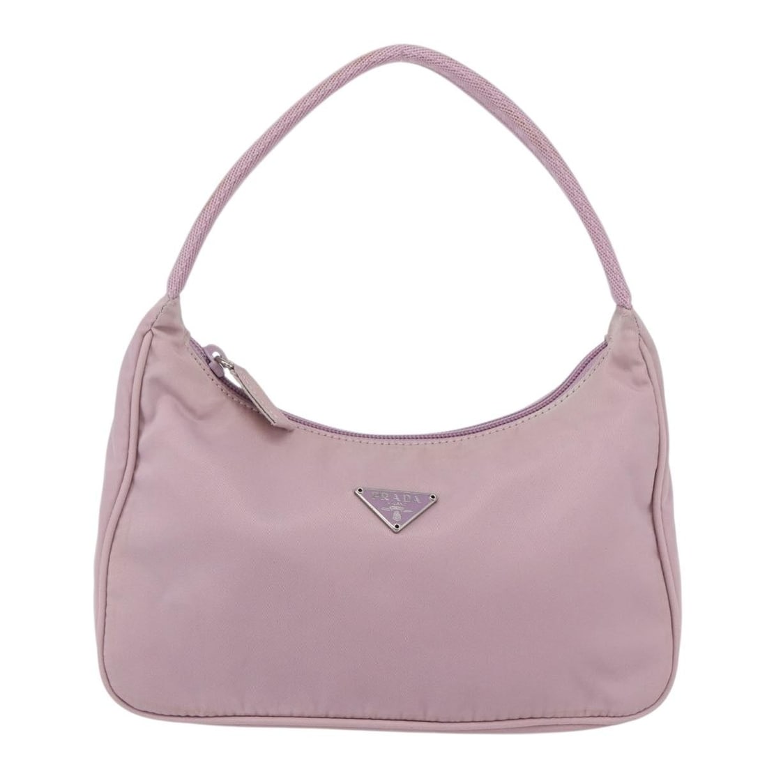 Pink Nylon Hobo Shoulder Bag by Prada: Pink Nylon Hobo Shoulder Bag by Prada This pre-owned Prada hobo handbag is crafted from pink nylon with silver-tone metal fittings. It is designed for women and features a spacious interior. The bag i