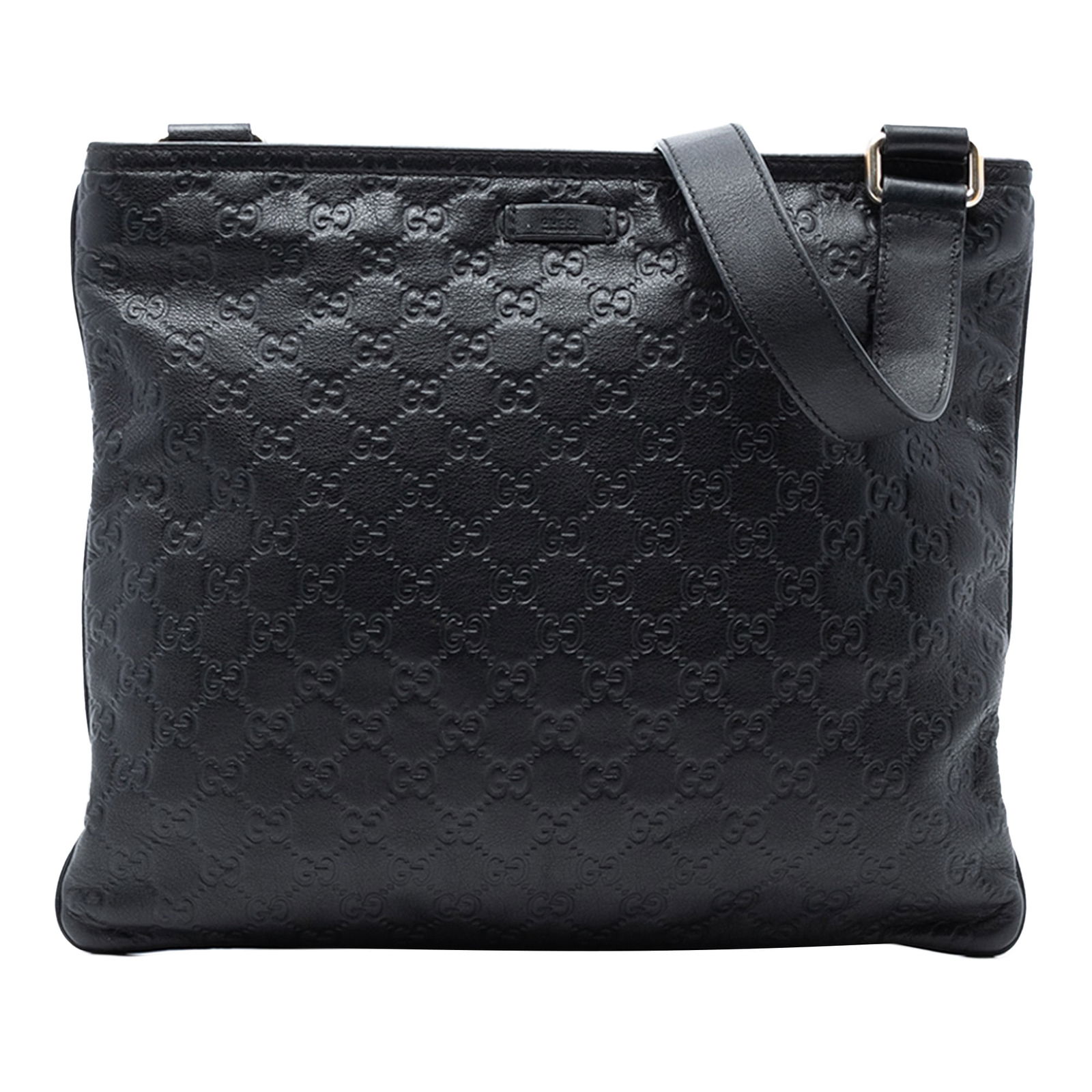 Gucci Guccissima Black Leather Crossbody Bag with Adjustable Strap: Gucci Guccissima Black Leather Crossbody Bag with Adjustable Strap Elevate your accessory collection with this Guccissima Crossbody bag, crafted from luxurious embossed leather. Featuring an adjustabl
