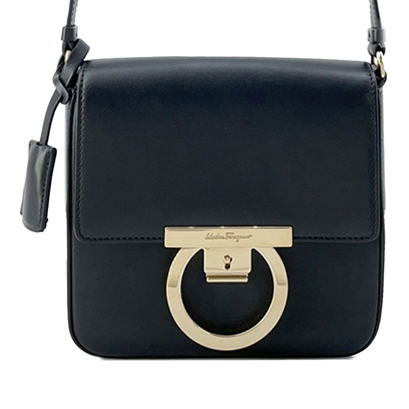 Ferragamo Black Leather Gancini Flap Crossbody Bag: Ferragamo Black Leather Gancini Flap Crossbody Bag The Ferragamo Leather Gancini Flap Crossbody is a sophisticated accessory crafted from high-quality leather. This stylish bag features a flat leather