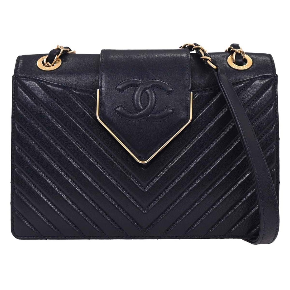 Navy Shoulder Bag Chanel Collar and Tie Flap Design: Navy Shoulder Bag Chanel Collar and Tie Flap Design This is a Chanel Collar and Tie Flap Bag in navy, designed for women. The bag is in good condition with some scuffs on the exterior and minor scuffs