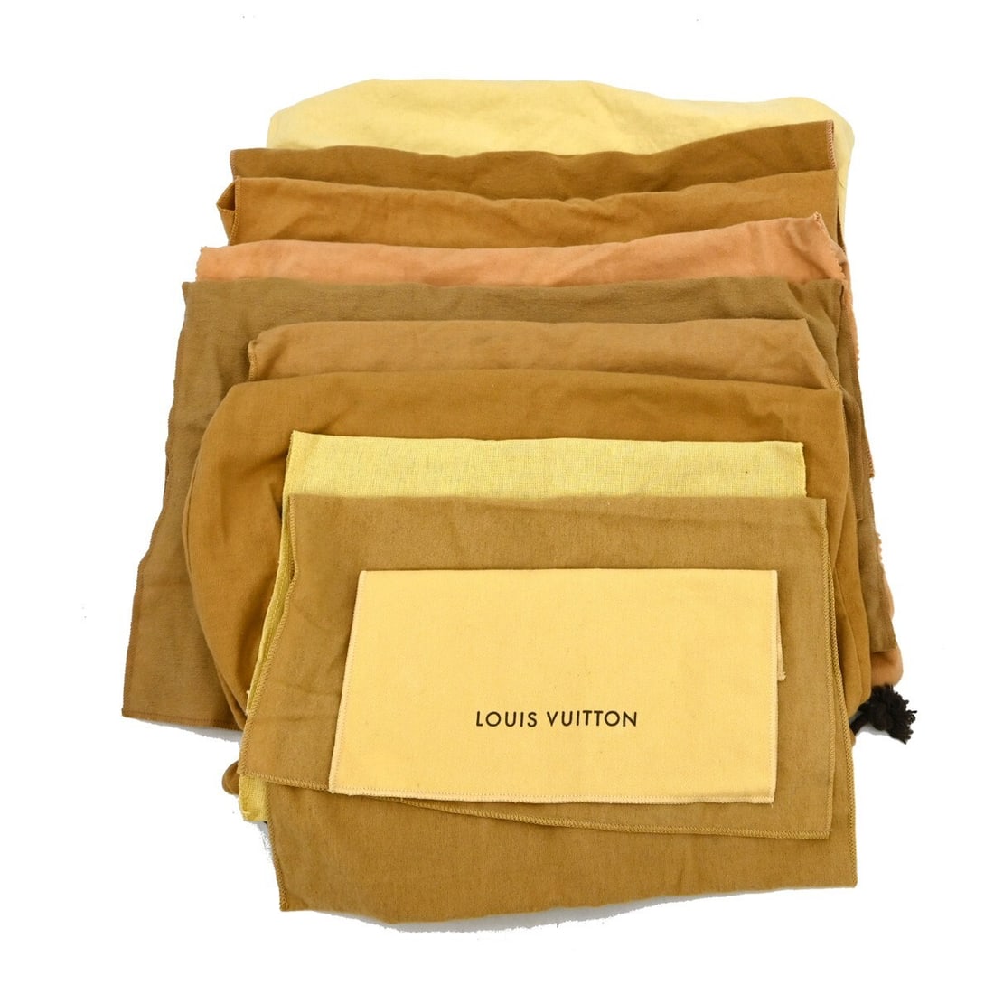 Authentic Louis Vuitton 10 Piece Dust Bag Set 100% Cotton Brown: Authentic Louis Vuitton 10 Piece Dust Bag Set 100% Cotton Brown This set of ten authentic Louis Vuitton dust bags is crafted from 100% cotton, ensuring quality and durability. The dust bags feature a
