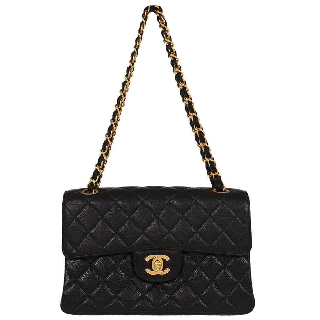 Chanel Black Caviar Leather Double Sided Classic Flap Handbag: Chanel Black Caviar Leather Double Sided Classic Flap Handbag Introducing the Chanel Black Calfskin Double Sided Flap Handbag, a luxurious accessory perfect for casual occasions. This medium-sized bag