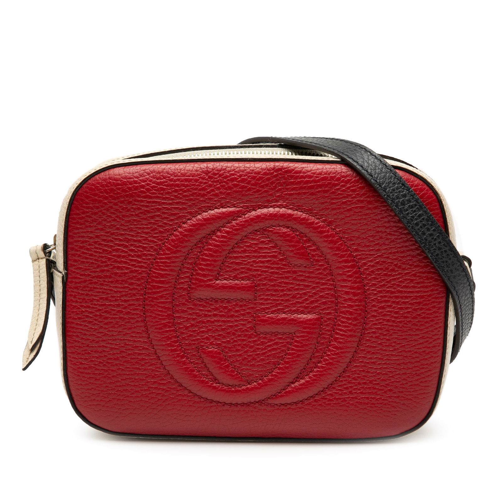 Small Soho Disco Bag in Tricolor Leather by Gucci: Small Soho Disco Bag in Tricolor Leather by Gucci This Gucci Small Tricolor Leather Soho Disco Crossbody showcases a vibrant tricolor leather exterior with an adjustable flat leather strap. The bag fe