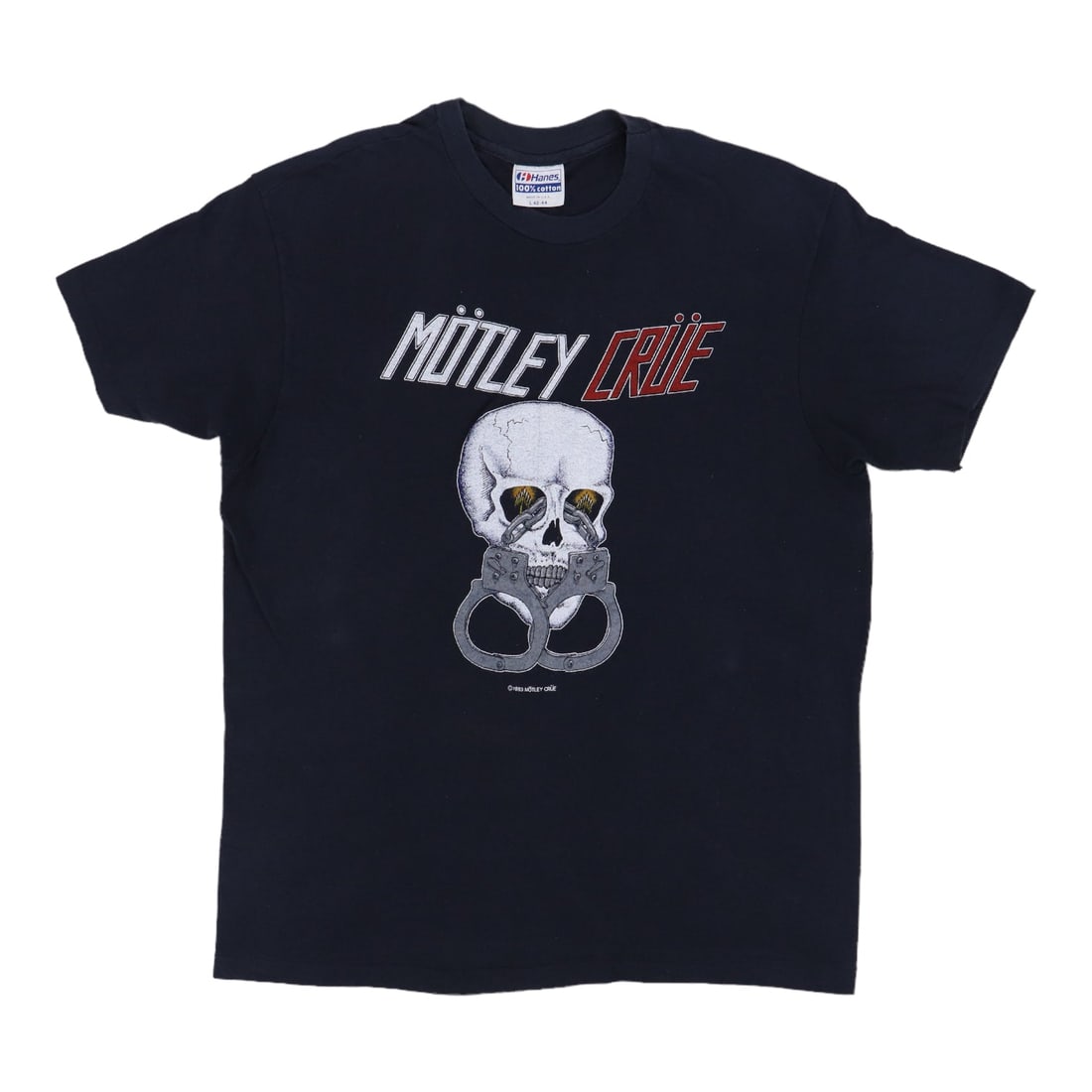 Vintage 1983 Motley Crue Skull T-Shirt Black Cotton Large: Vintage 1983 Motley Crue Skull T-Shirt Black Cotton Large This original vintage 1983 Motley Crue Skull Shirt is a true collector's item, not a modern reproduction. Crafted from 100% cotton, this black