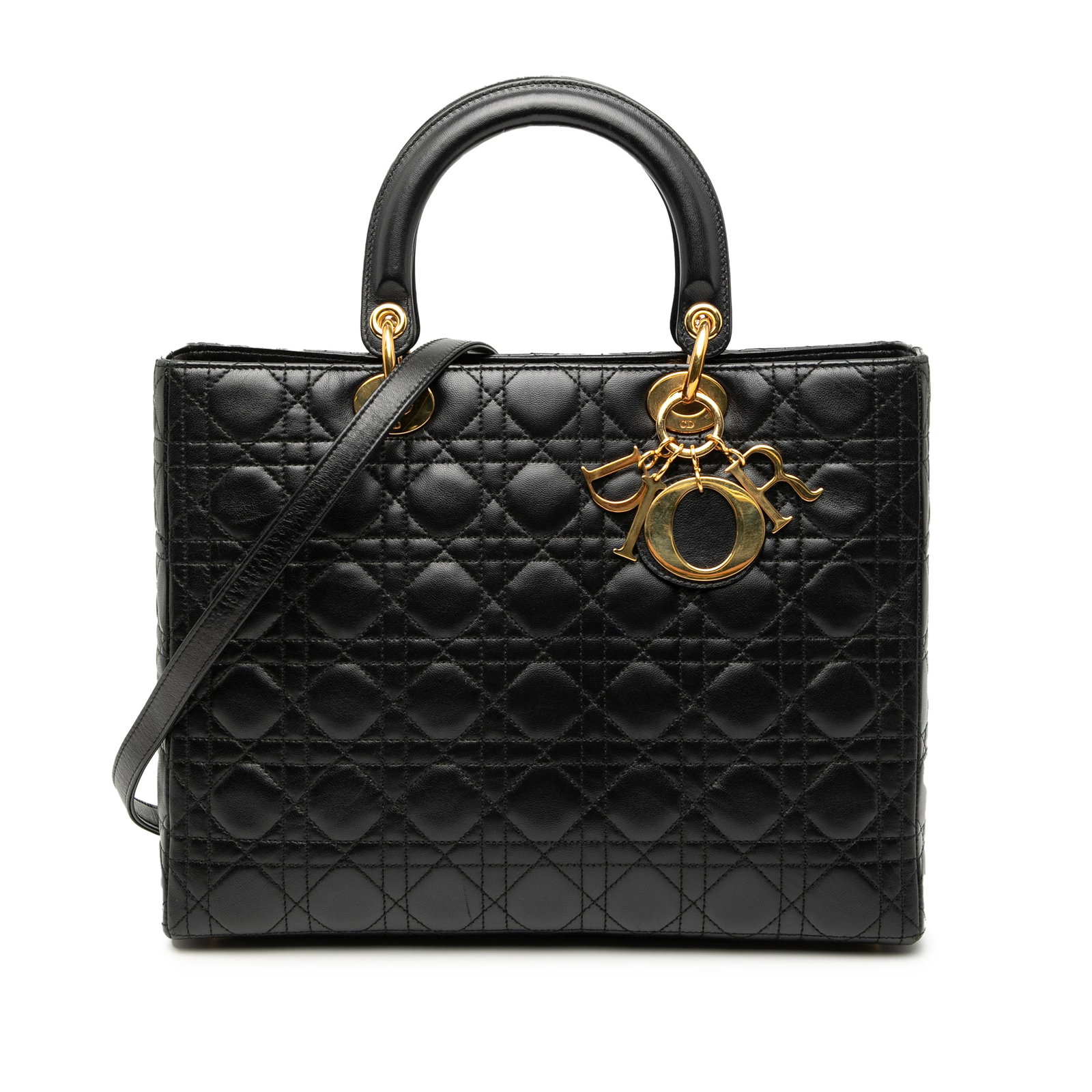Dior Lady Dior Large Black Quilted Lambskin Tote with Strap: Dior Lady Dior Large Black Quilted Lambskin Tote with Strap This Lady Dior bag showcases a quilted lambskin leather body in black, complemented by flat leather top handles and a detachable flat leathe