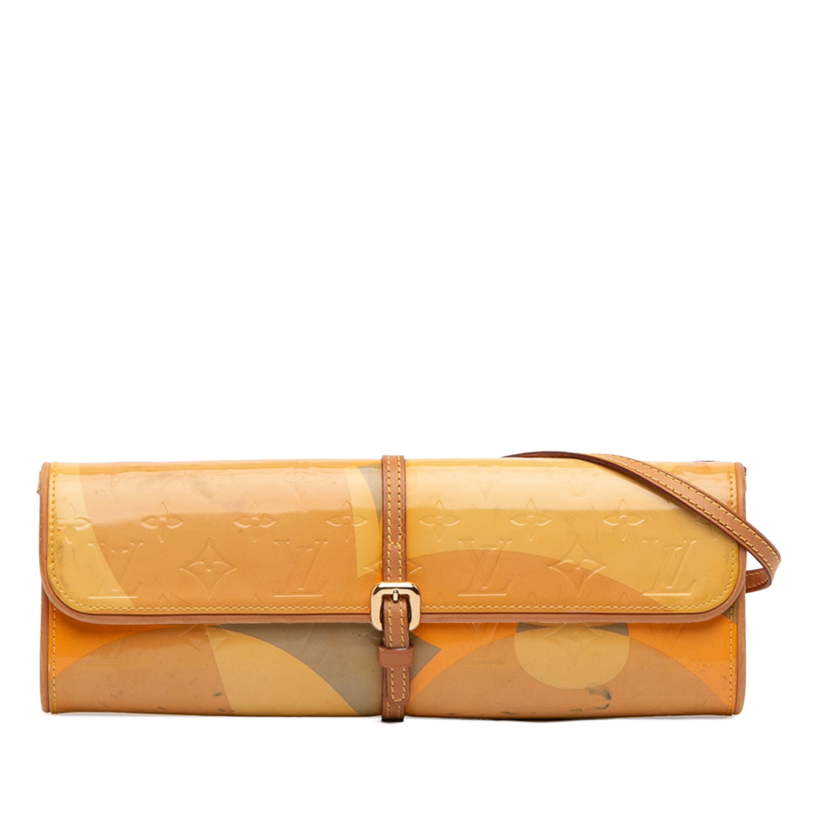 Louis Vuitton Fleurs Pochette in Monogram Vernis Leather with Vachetta Trim: Louis Vuitton Fleurs Pochette in Monogram Vernis Leather with Vachetta Trim This Louis Vuitton Monogram Vernis Fleurs Pochette features a vernis leather body with vachetta leather trim, an adjustable