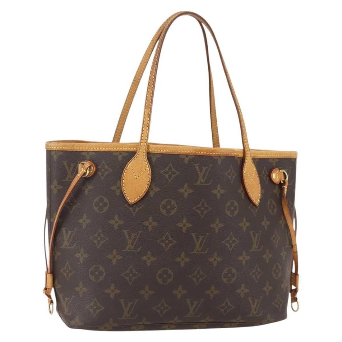 Neverfull Brown Tote Bag by Louis Vuitton: Neverfull Brown Tote Bag by Louis Vuitton This Louis Vuitton Neverfull tote bag features a classic brown exterior with leather trim. The bag shows signs of use, including surface deformation, rubbing,