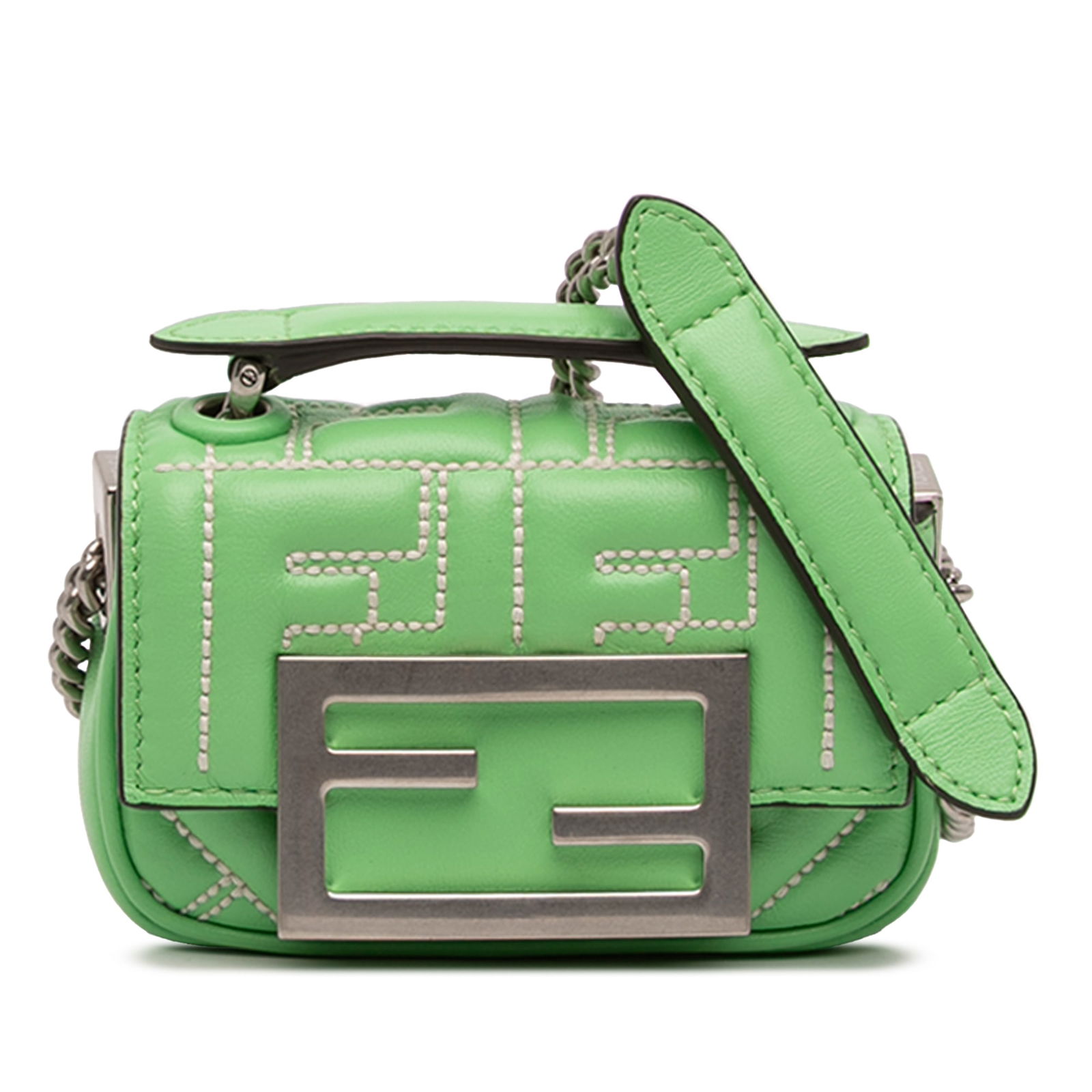 Fendi Nano Zucca Green Embossed Leather Mini Baguette Bag Charm: Fendi Nano Zucca Green Embossed Leather Mini Baguette Bag Charm This Fendi Nano Zucca Baguette Charm showcases an embossed leather exterior in green, complemented by a chain link shoulder strap. It fe