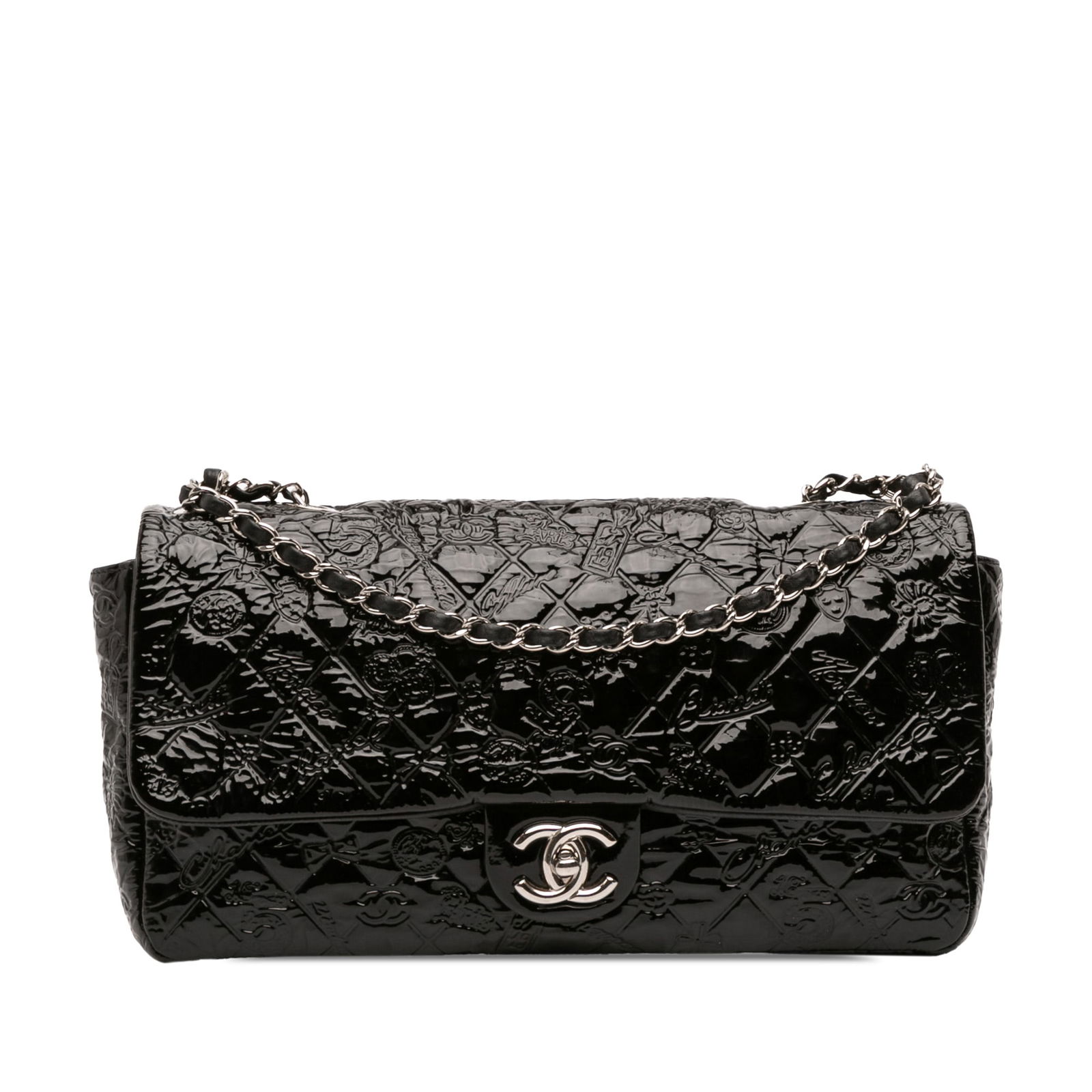Chanel Jumbo Black Patent Leather Flap Bag with Embossed Motifs: Chanel Jumbo Black Patent Leather Flap Bag with Embossed Motifs This Chanel Jumbo Patent Embossed Lucky Symbols Flap shoulder bag features a quilted patent leather exterior in black, complemented by l