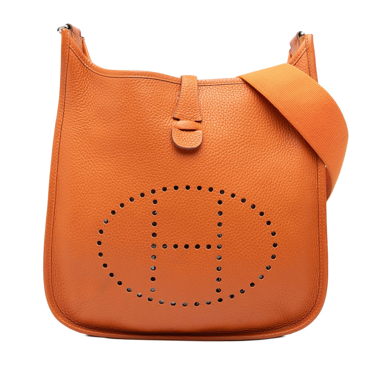 Orange Clemence Leather Evelyne III 29 Shoulder Bag by Hermes: Orange Clemence Leather Evelyne III 29 Shoulder Bag by Hermes The Hermes Clemence Evelyne III 29 is crafted from orange Clemence leather and features a detachable flat canvas strap. This stylish bag i