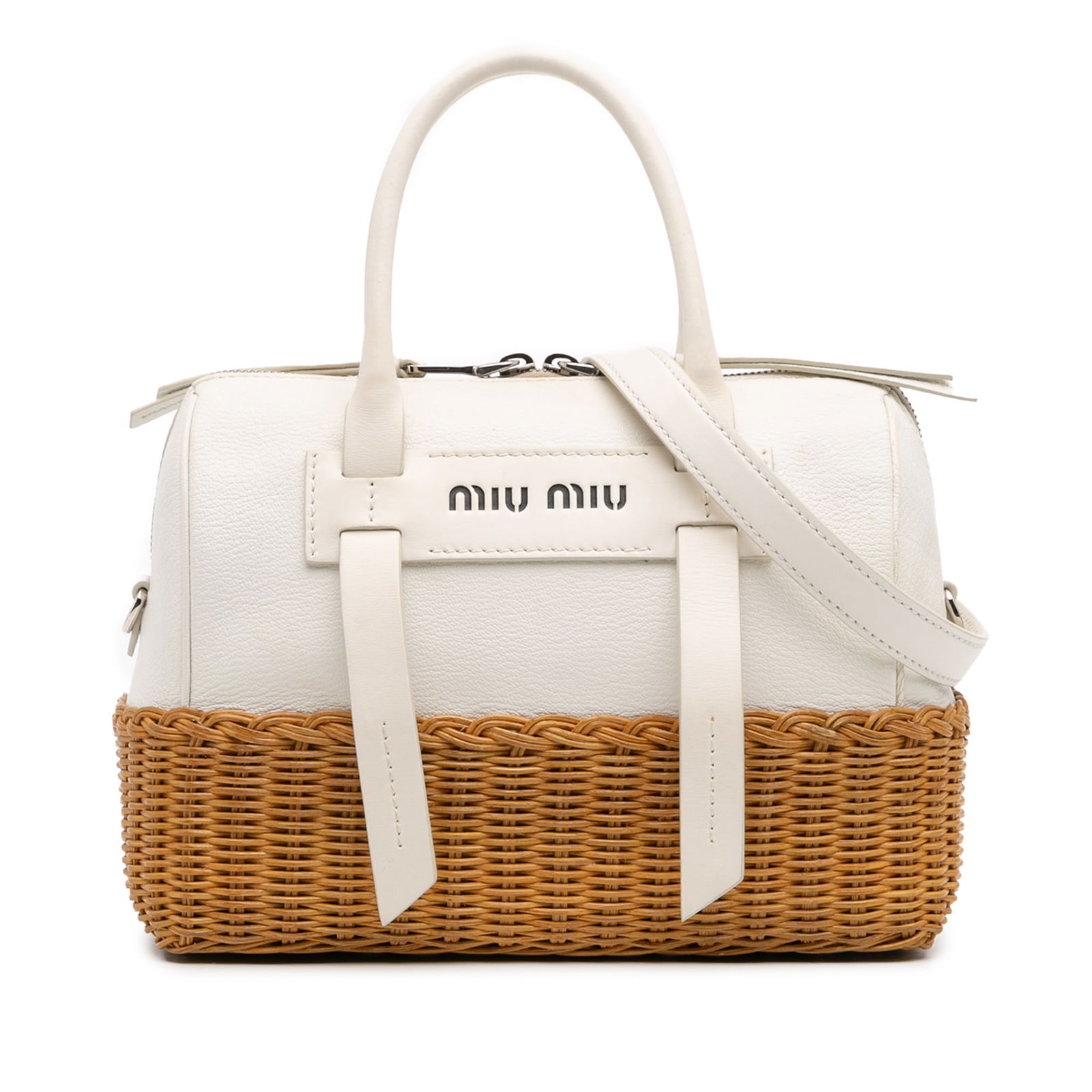 Miu Miu White Wicker Trimmed Leather Top Handle Bag: Miu Miu White Wicker Trimmed Leather Top Handle Bag This stylish satchel combines luxury with an eye-catching design featuring a leather and rattan body. It includes rolled leather handles for comfort