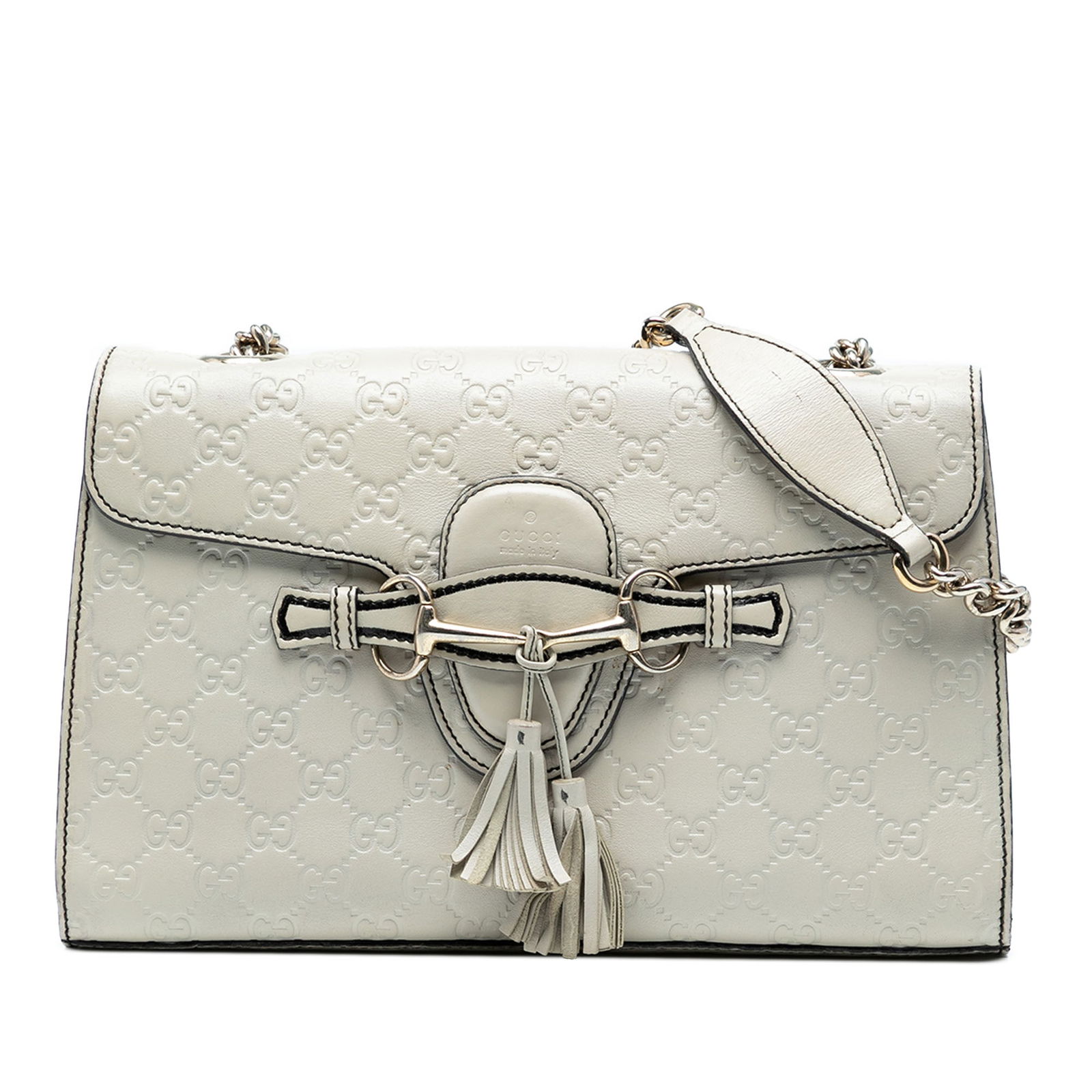 Gucci Medium Guccissima Emily White Leather Shoulder Bag: Gucci Medium Guccissima Emily White Leather Shoulder Bag The Medium Guccissima Emily Shoulder Bag by Gucci is a stylish accessory crafted from embossed leather, featuring a curb chain strap and a fron