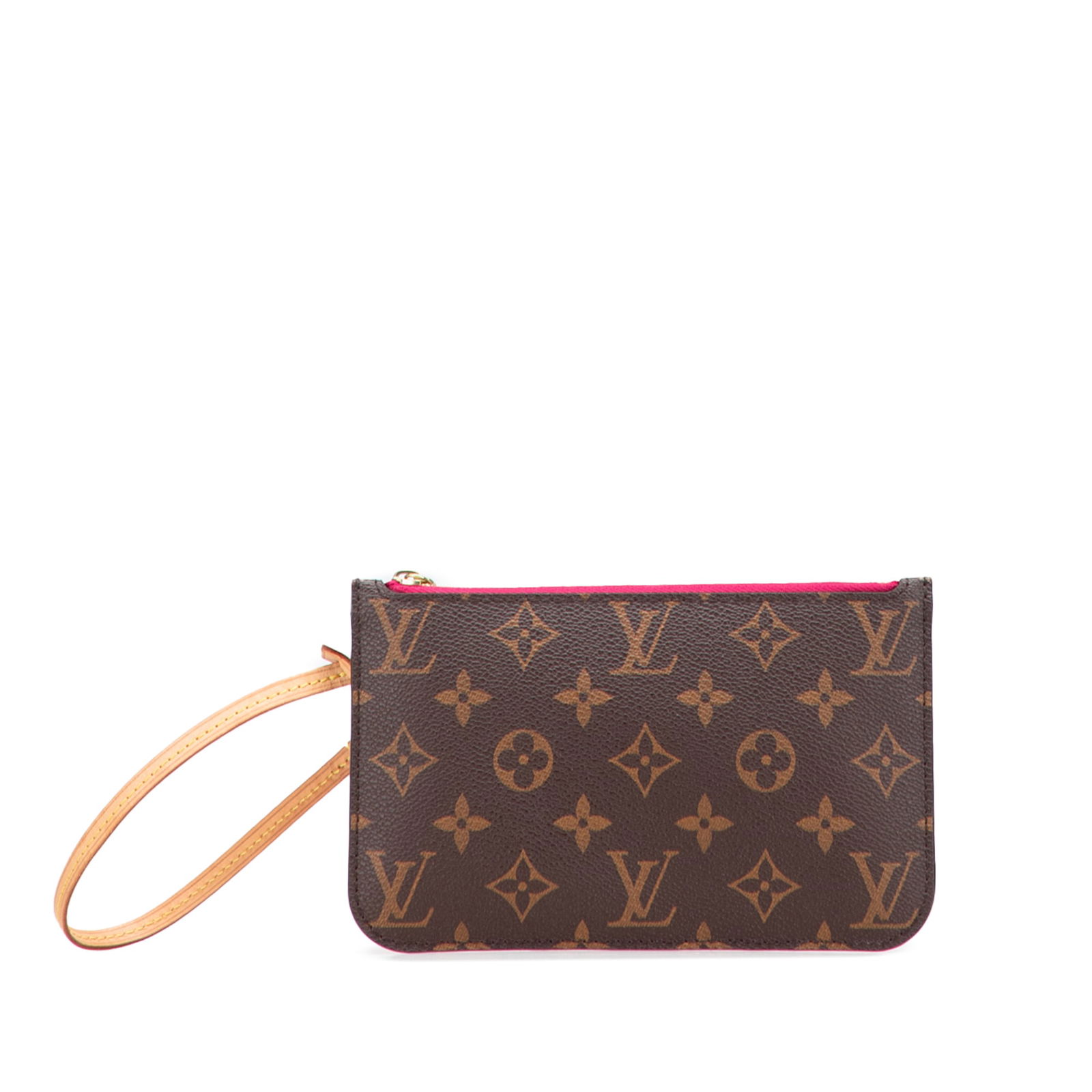 Louis Vuitton Monogram Neverfull Pouch with Leather Strap: Louis Vuitton Monogram Neverfull Pouch with Leather Strap The Louis Vuitton Monogram Neverfull Pouch showcases a stylish monogram canvas body complemented by a flat vachetta leather strap. This pouch