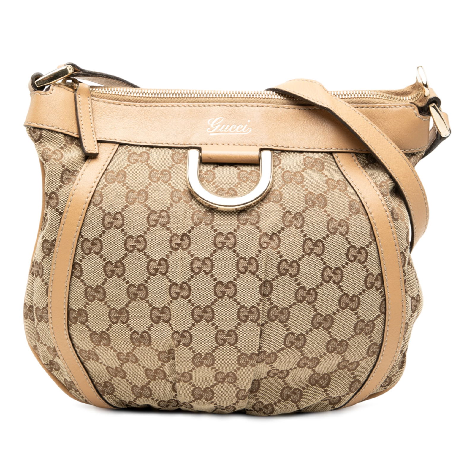 Gucci Abbey D Ring GG Canvas Brown Crossbody Bag: Gucci Abbey D Ring GG Canvas Brown Crossbody Bag This Gucci GG Canvas Abbey D Ring Crossbody bag features a durable brown canvas body with leather trim, a flat leather shoulder strap, top zip closure,
