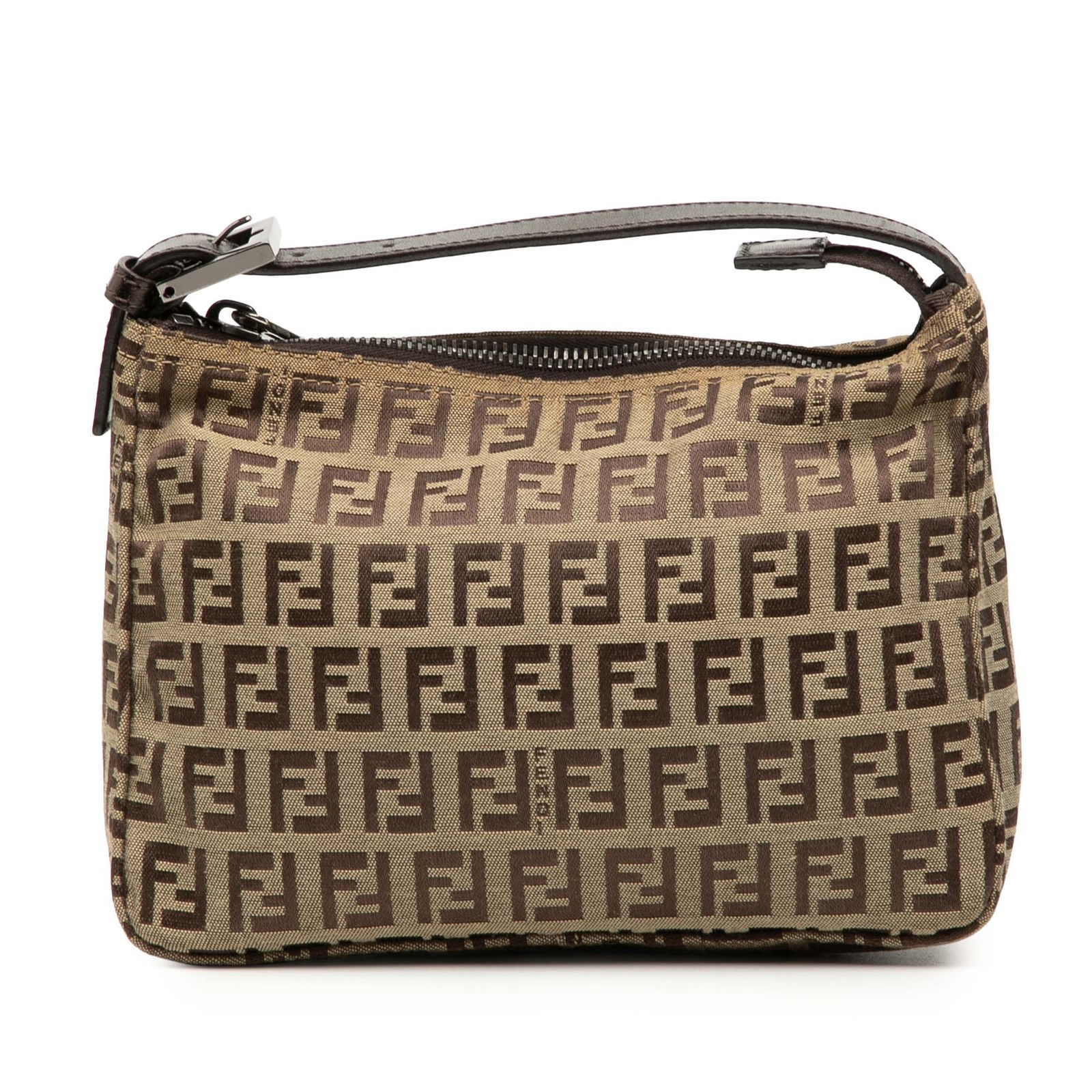 Zucchino Canvas Brown Shoulder Bag by Fendi with Leather Handle: Zucchino Canvas Brown Shoulder Bag by Fendi with Leather Handle This Fendi Zucchino Canvas Handbag features a canvas body with a distinctive Zucchino pattern, a flat leather handle, and a top zip clos