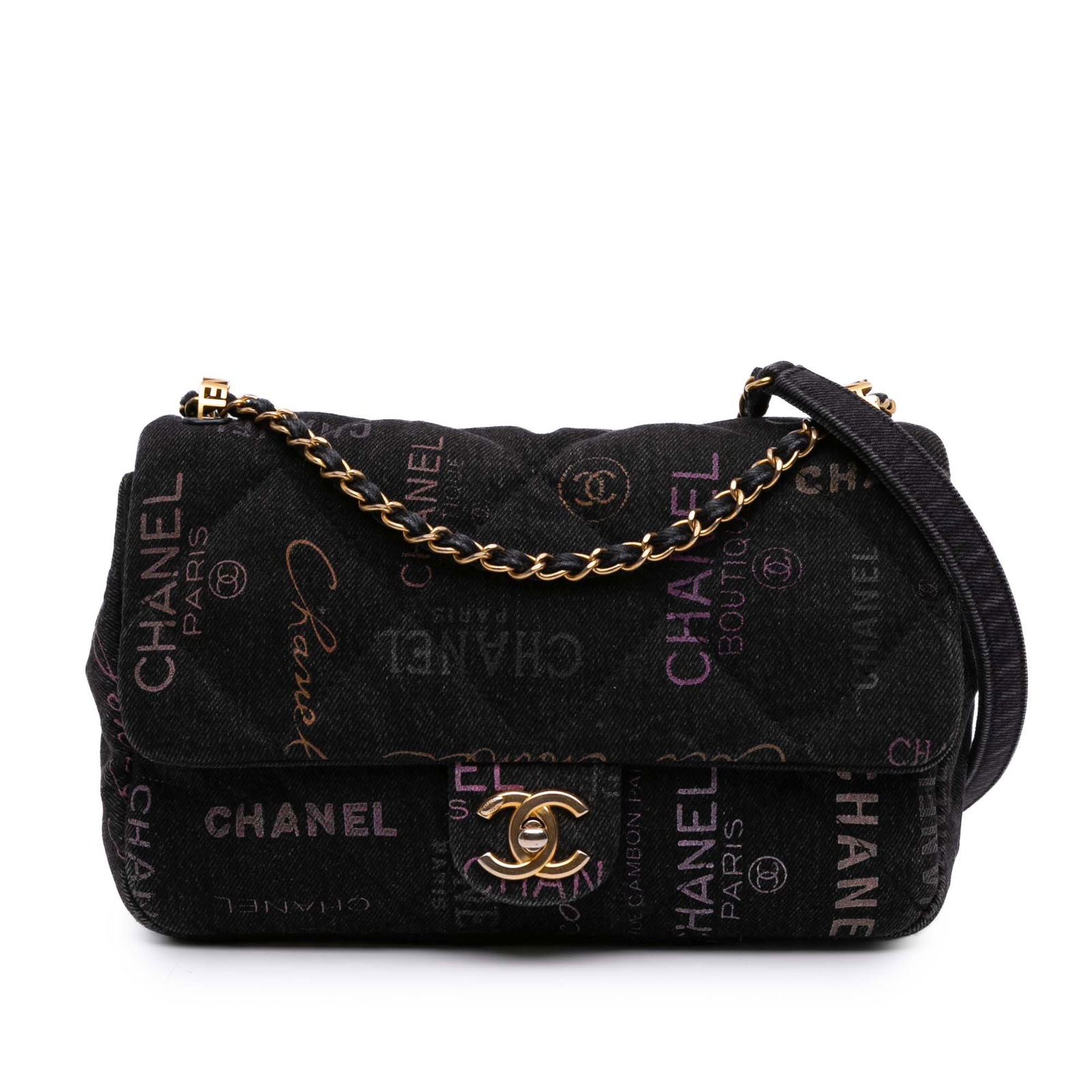 Chanel Medium Quilted Denim Mood Flap Crossbody Bag Black Fabric: Chanel Medium Quilted Denim Mood Flap Crossbody Bag Black Fabric The Chanel Medium Quilted Denim Mood Flap is a stylish crossbody bag crafted from quilted denim. It features a denim woven chain strap
