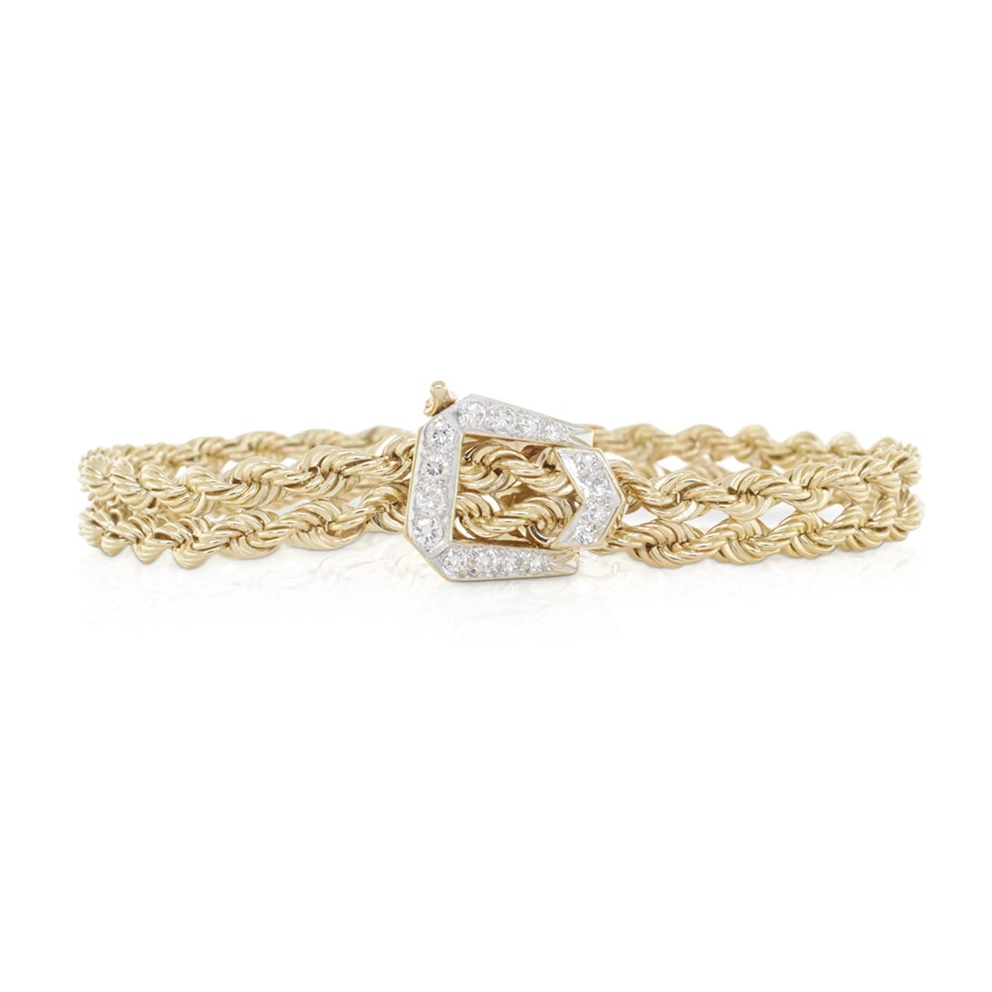 Rachel Koen 14K Yellow Gold Braided Bracelet with Diamond Buckle: Rachel Koen 14K Yellow Gold Braided Bracelet with Diamond Buckle Elevate your accessory collection with this exquisite Retro Woven Mesh Braided Bracelet by Rachel Koen. Crafted from lustrous 14K yello