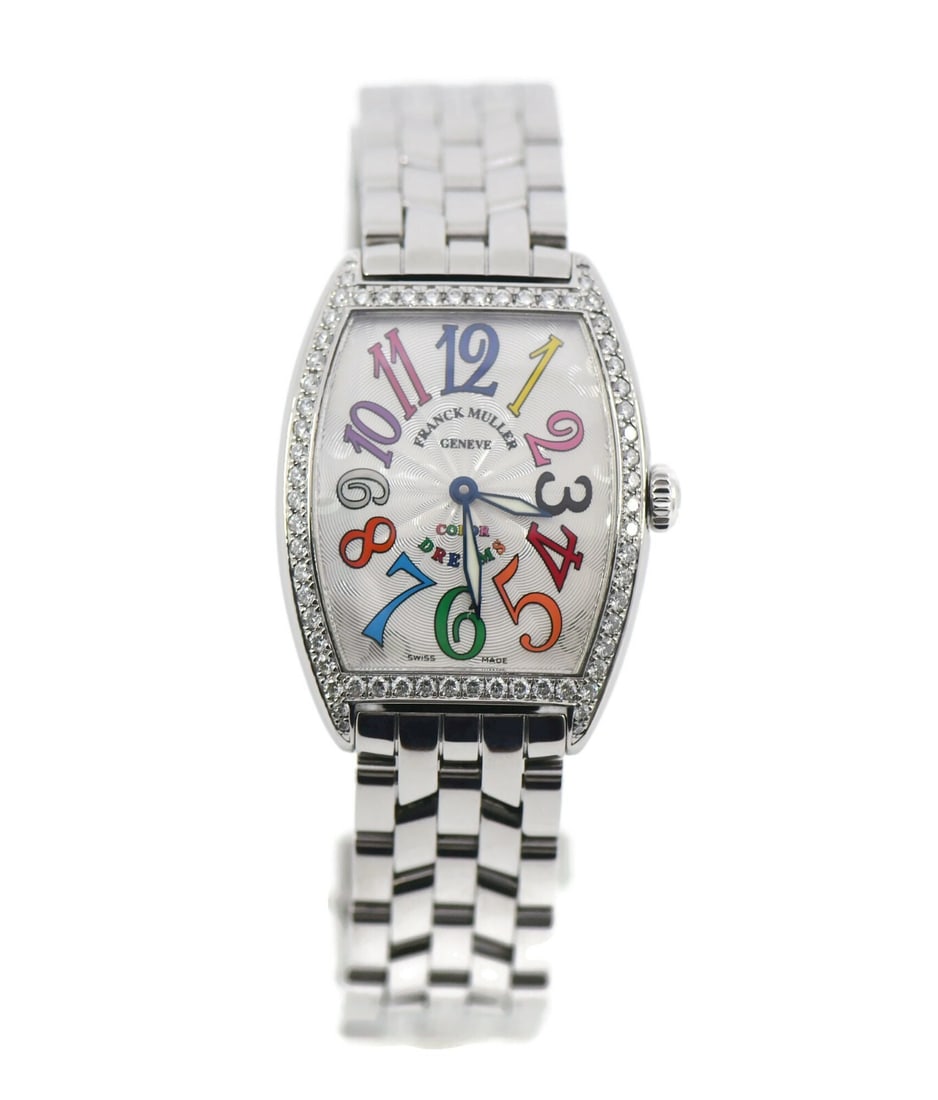 Franck Muller Color Dreams Diamond Watch 7502QZ with Box and Papers: Franck Muller Color Dreams Diamond Watch 7502QZ with Box and Papers Experience luxury with the Franck Muller Color Dreams Diamond Stainless Steel Watch, model 7502QZ. This exquisite wristwatch feature