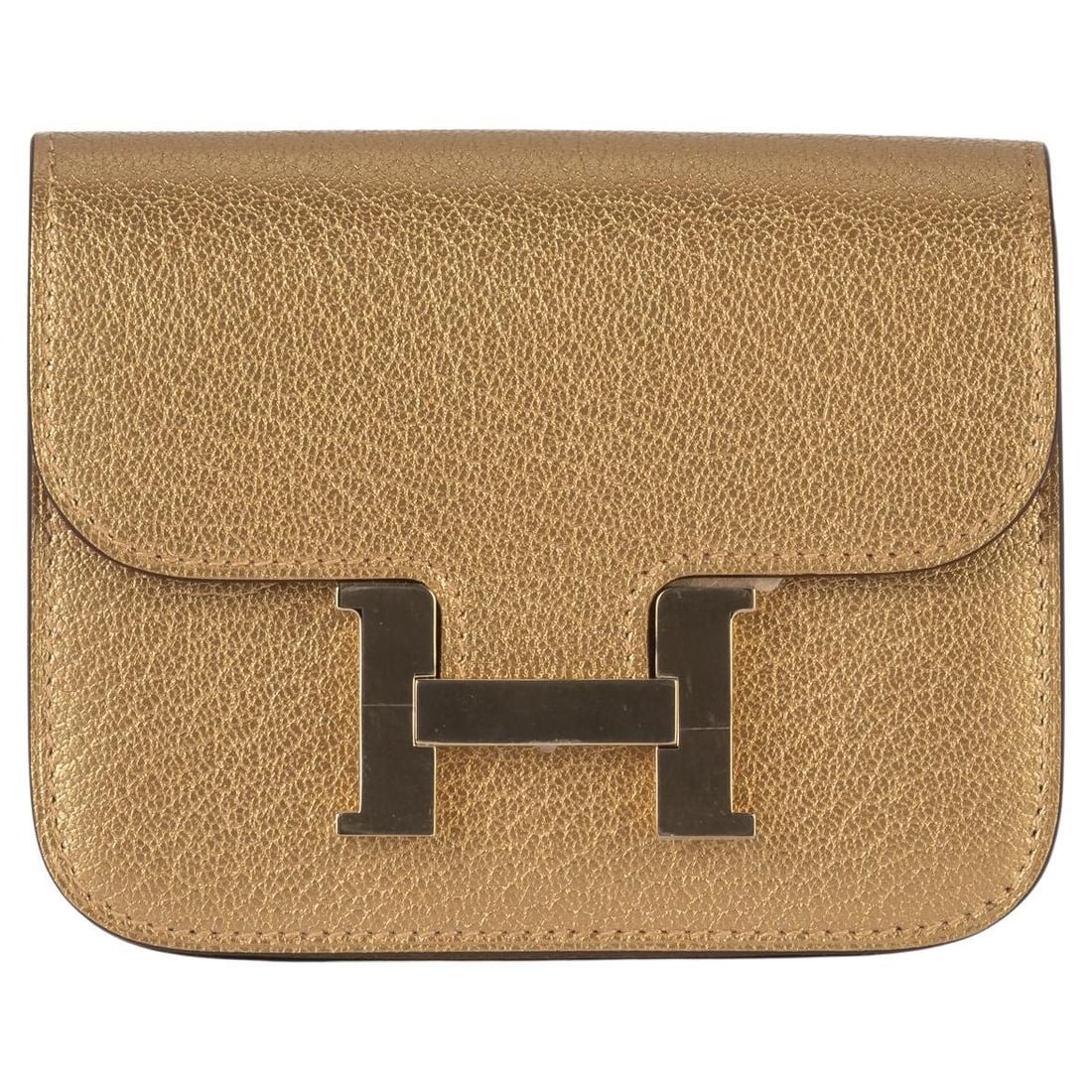 Hermes Gold Constance Slim Wallet with H Closure and Dust Cover: Hermes Gold Constance Slim Wallet with H Closure and Dust Cover The Hermes Constance Slim Wallet combines elegance and functionality in a luxurious design. Crafted from gold Chamkilight goatskin leath