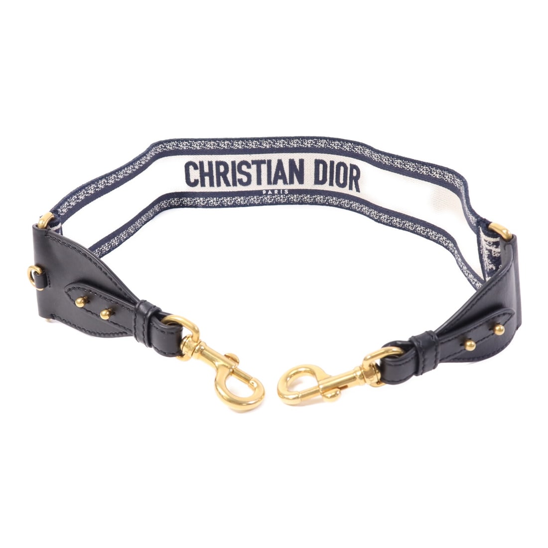 Dior Blue and White Canvas Shoulder Strap with Gold Tone Hardware: Dior Blue and White Canvas Shoulder Strap with Gold Tone Hardware This Christian Dior shoulder strap features a blue and white canvas design with gold-tone hardware. Made in France, it is in very good