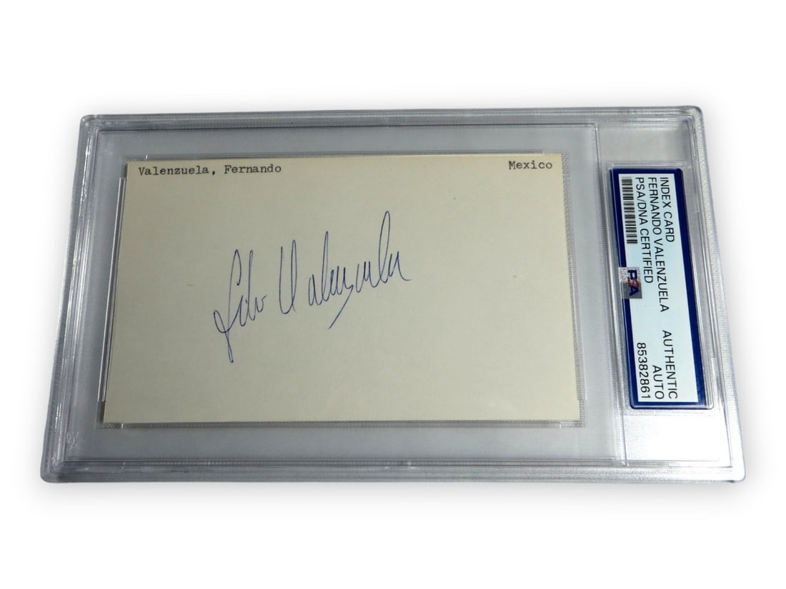 Index Card Signed by Fernando Valenzuela PSA Authenticated Dodgers: Index Card Signed by Fernando Valenzuela PSA Authenticated Dodgers This original index card features the autograph of Fernando Valenzuela, legendary pitcher for the Los Angeles Dodgers. The signed car