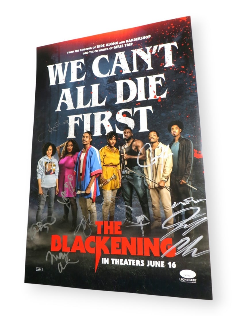 The Blackening Autographed 13.5x19.75 Poster JSA Signed by Cast: The Blackening Autographed 13.5x19.75 Poster JSA Signed by Cast This stunning 13X20 poster is an original autographed piece featuring the cast of "The Blackening." It includes signatures from Grace By