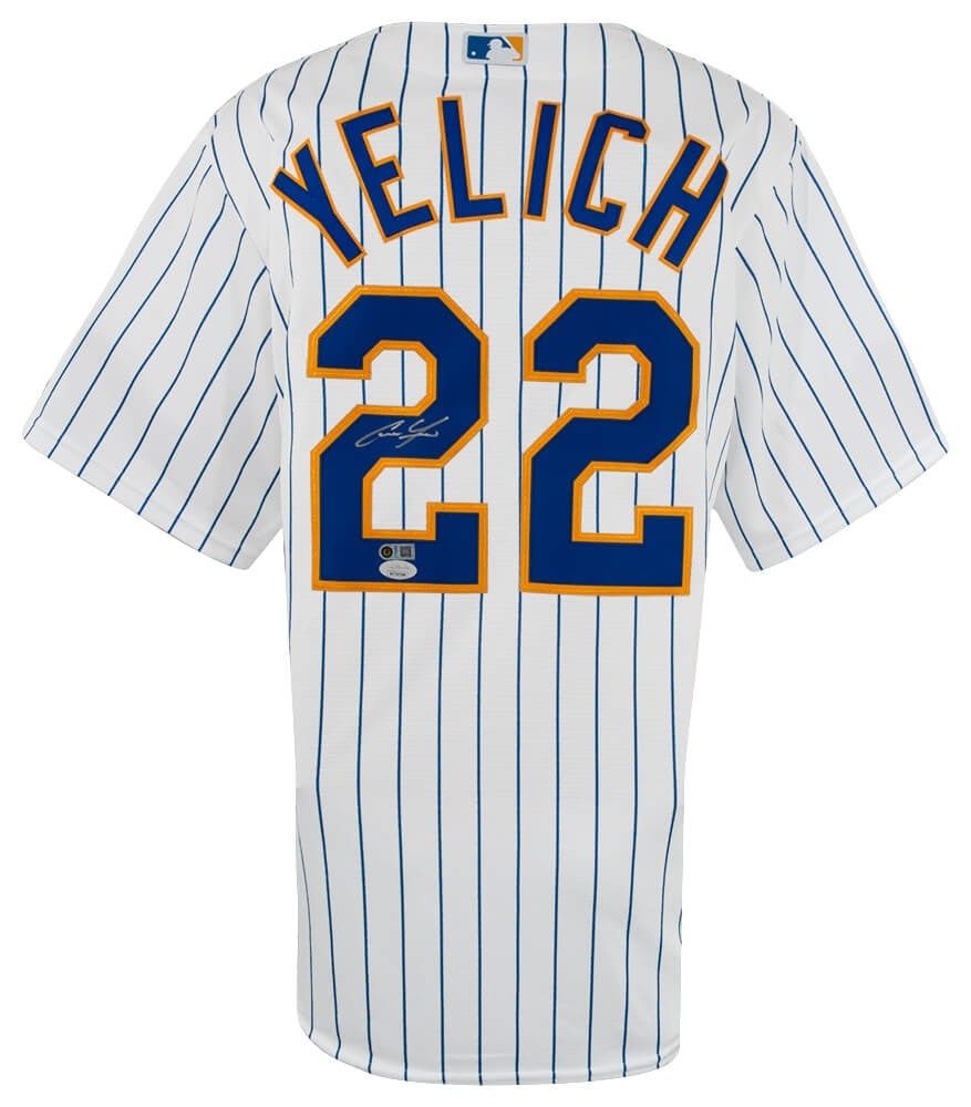 Christian Yelich Signed Brewers Pinstripe Jersey with JSA COA: Christian Yelich Signed Brewers Pinstripe Jersey with JSA COA This is a Christian Yelich signed Milwaukee Brewers white pinstripe Majestic baseball jersey, an original piece that showcases the player'