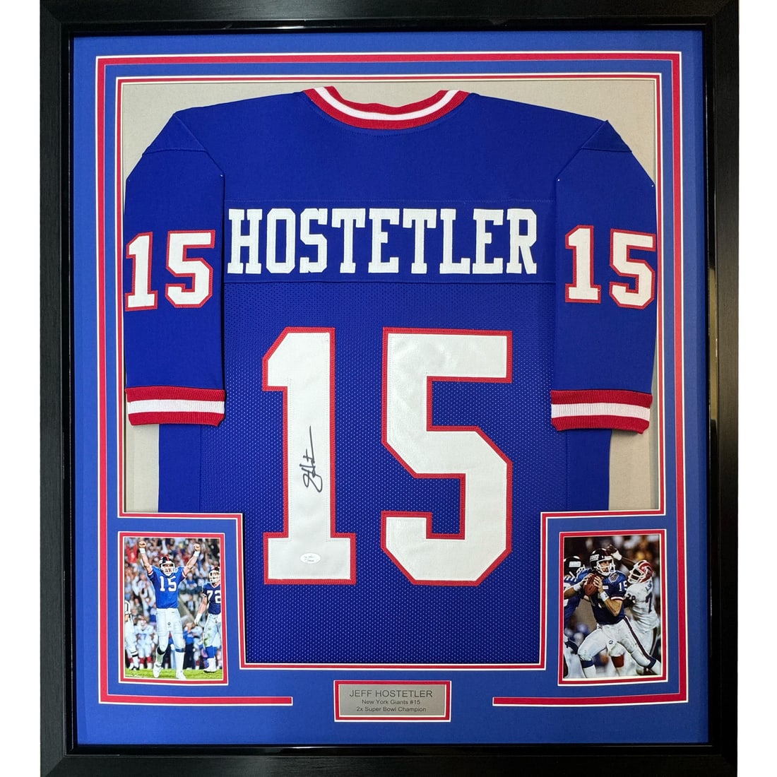 Framed Autographed Jeff Hostetler New York Giants Jersey 33x42 JSA COA (1 of 3)