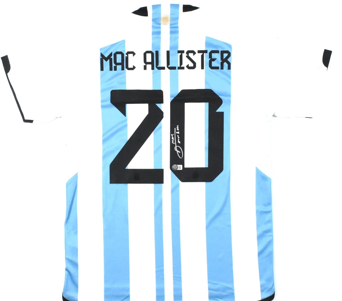 Alexis Mac Allister Signed Argentina FC Jersey #20 with Beckett Hologram: Alexis Mac Allister Signed Argentina FC Jersey #20 with Beckett Hologram This is an original signed home soccer jersey of Alexis Mac Allister, featuring the number 20. The jersey is an authentic piece