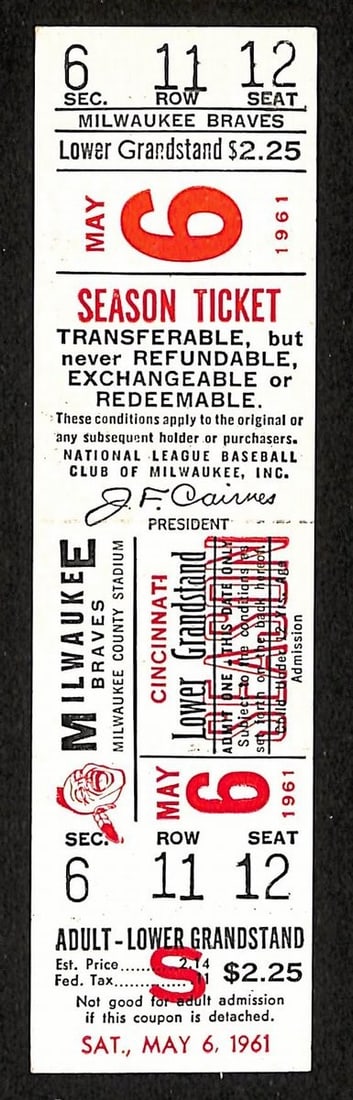 1961 Cincinnati Reds vs Milwaukee Braves Rainout Ticket Hank Aaron (1 of 2)