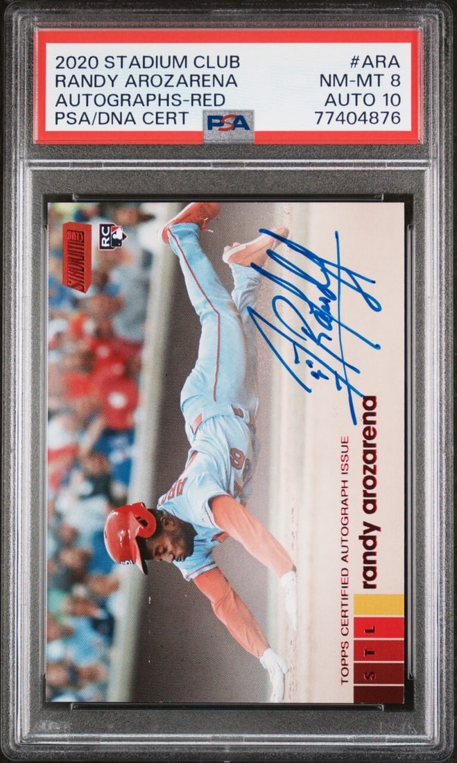 Randy Arozarena 2020 Stadium Club Red Foil Autograph PSA 8 / 50: Randy Arozarena 2020 Stadium Club Red Foil Autograph PSA 8 / 50 This is a 2020 Stadium Club Red Foil Autograph baseball card featuring Randy Arozarena, graded PSA 8. This card is a limited edition wit